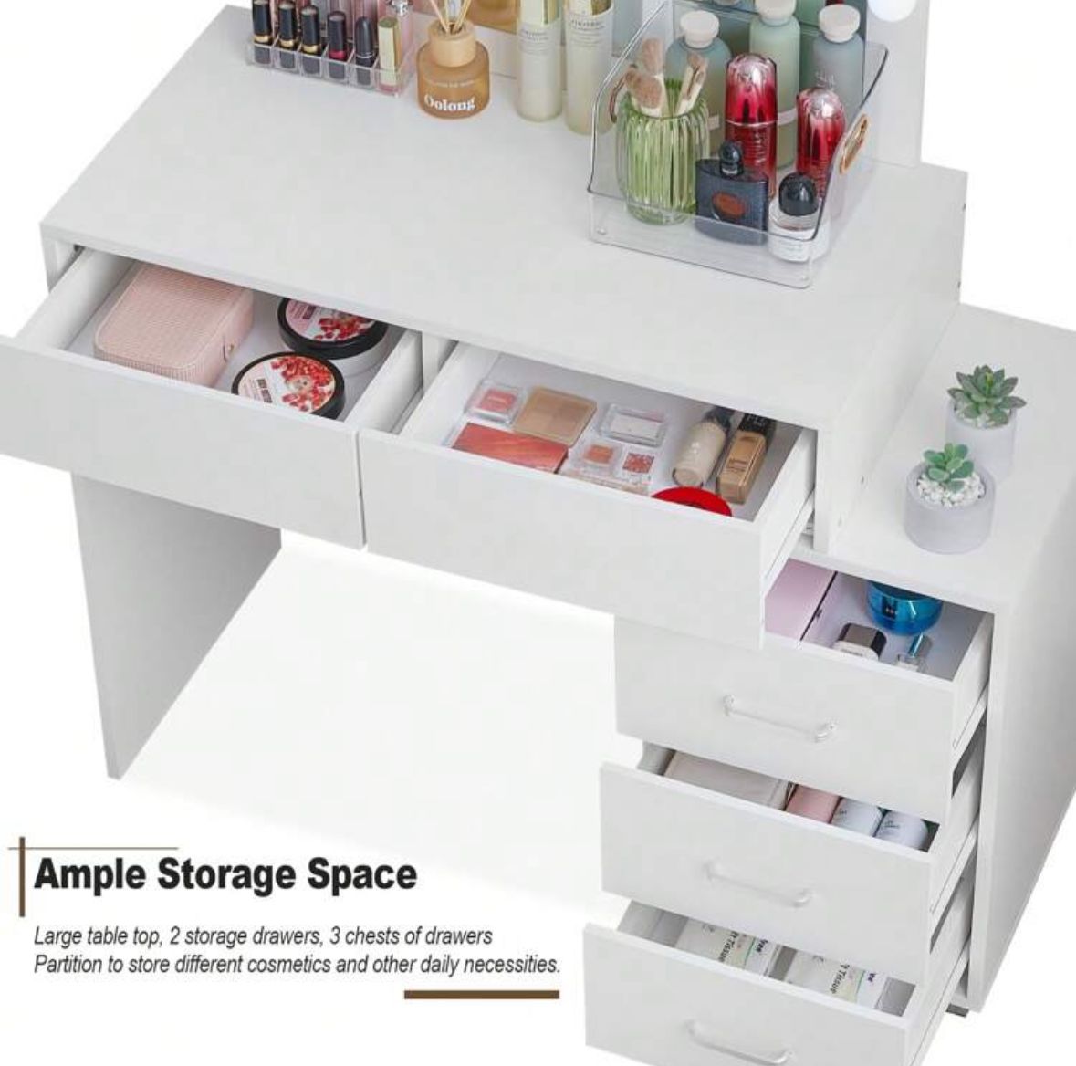 Dressing Table And Stool, 5 Drawers Vanity Table Adjustable Brightness Mirror