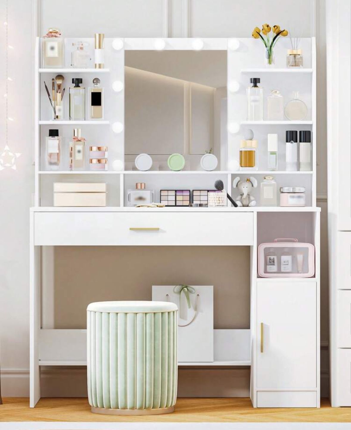 Dressing Table, Large Tabletop With Mirror, LED Light With Adjustable Brightness