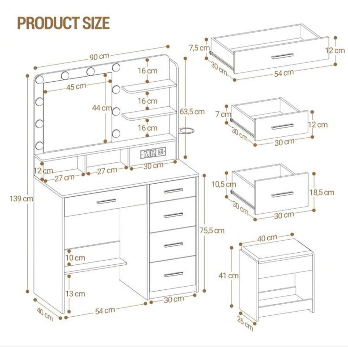 Dressing Table With 3-Colour LED Adjustable Brightness, Vanity Table With Plug And Large Mirror, Stool And Hairdryer Holder
