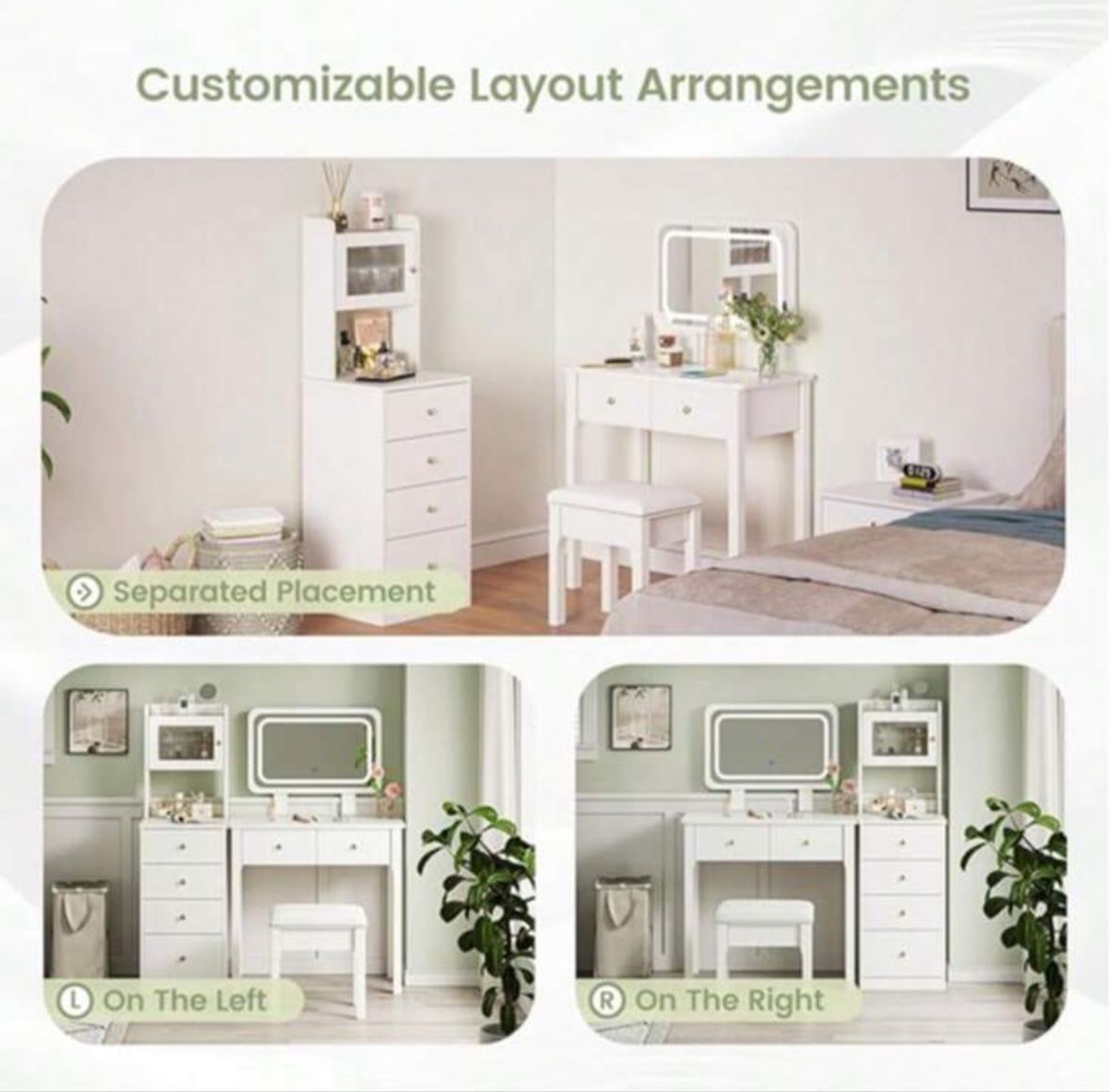 White Dressing Table With Mirror And Stool, Vanity Desk With Height Adjustable Lighted Mirror, Makeup Table With 6 Drawers