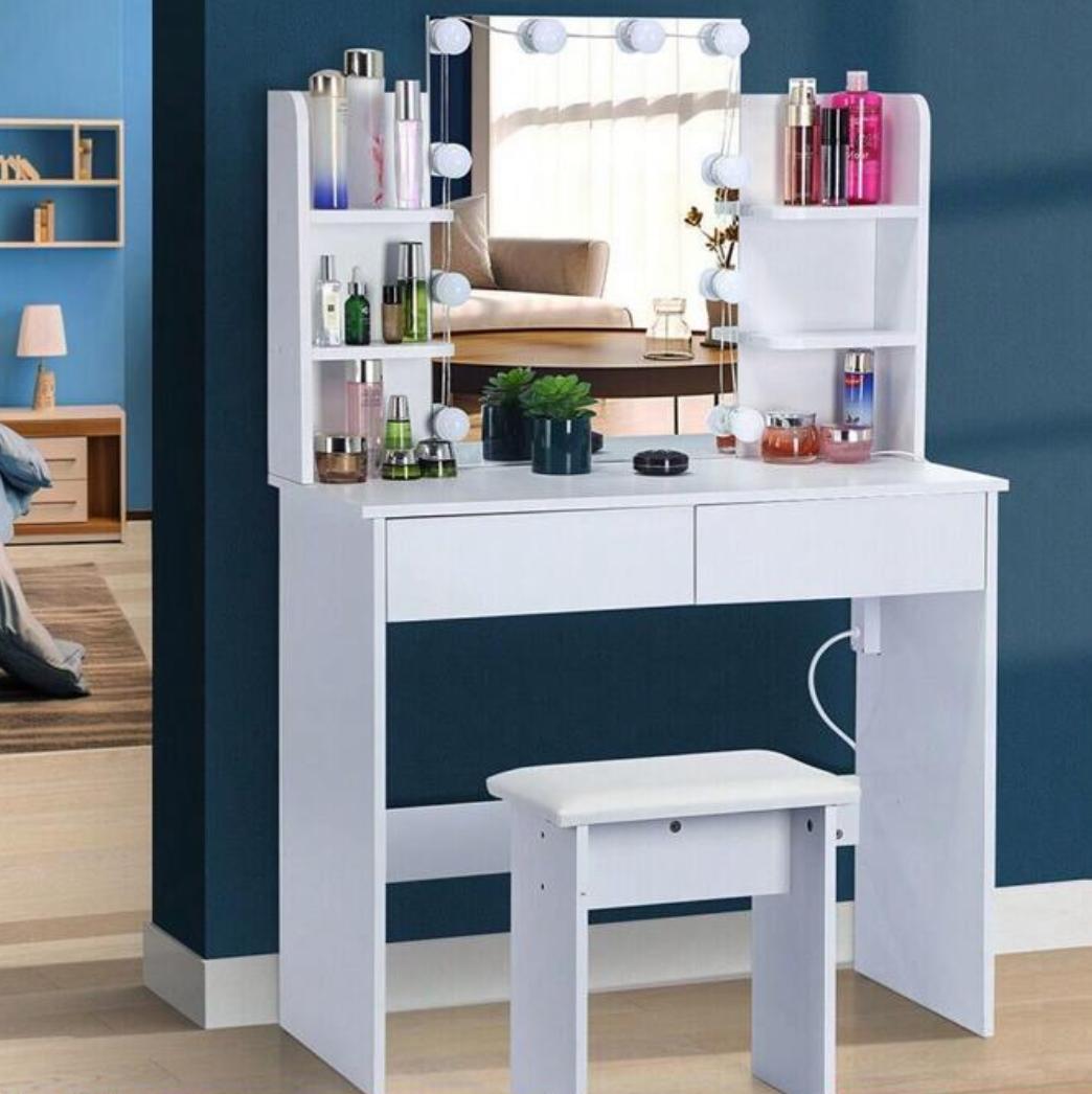Large Vanity Desk Dressing Table Stool Set With LED Dimmable Mirror