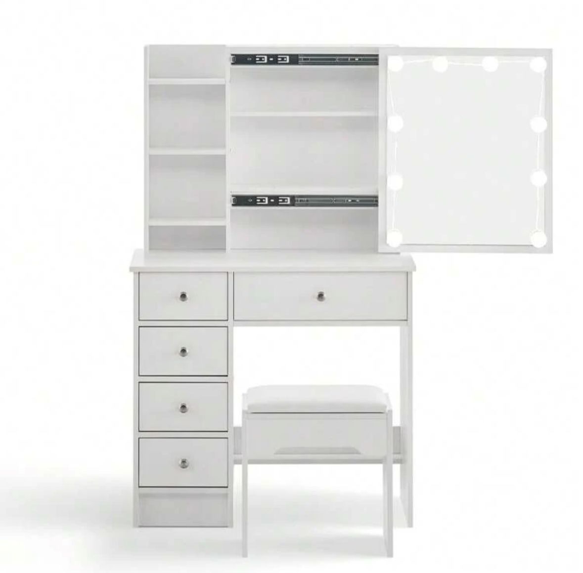 White Vanity Dressing Table Set With 5 Drawers, 1 Slide Mirror, 7 Shelves And Stool Bedroom Furniture