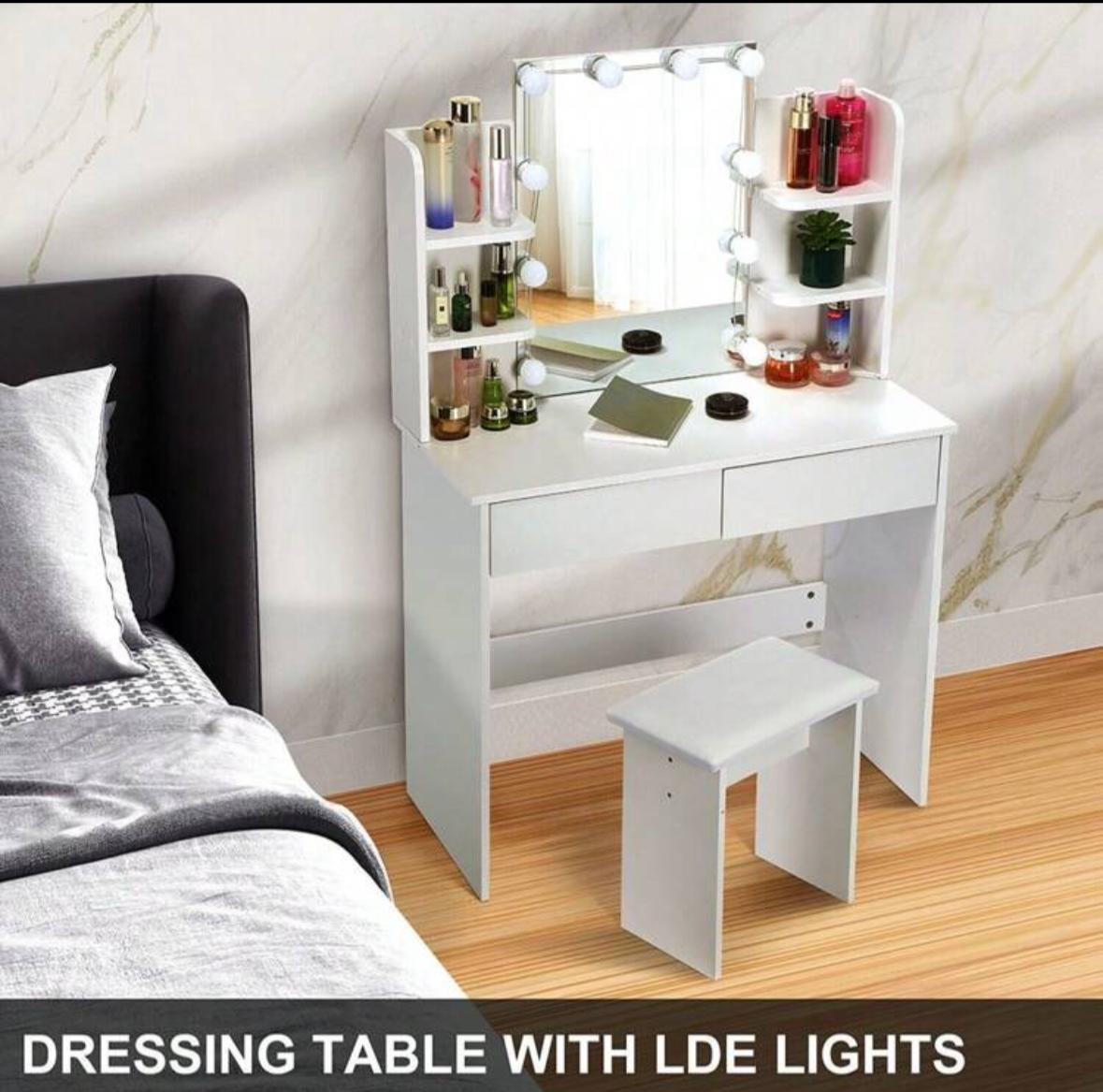 Large Vanity Desk Dressing Table Stool Set With LED Dimmable Mirror