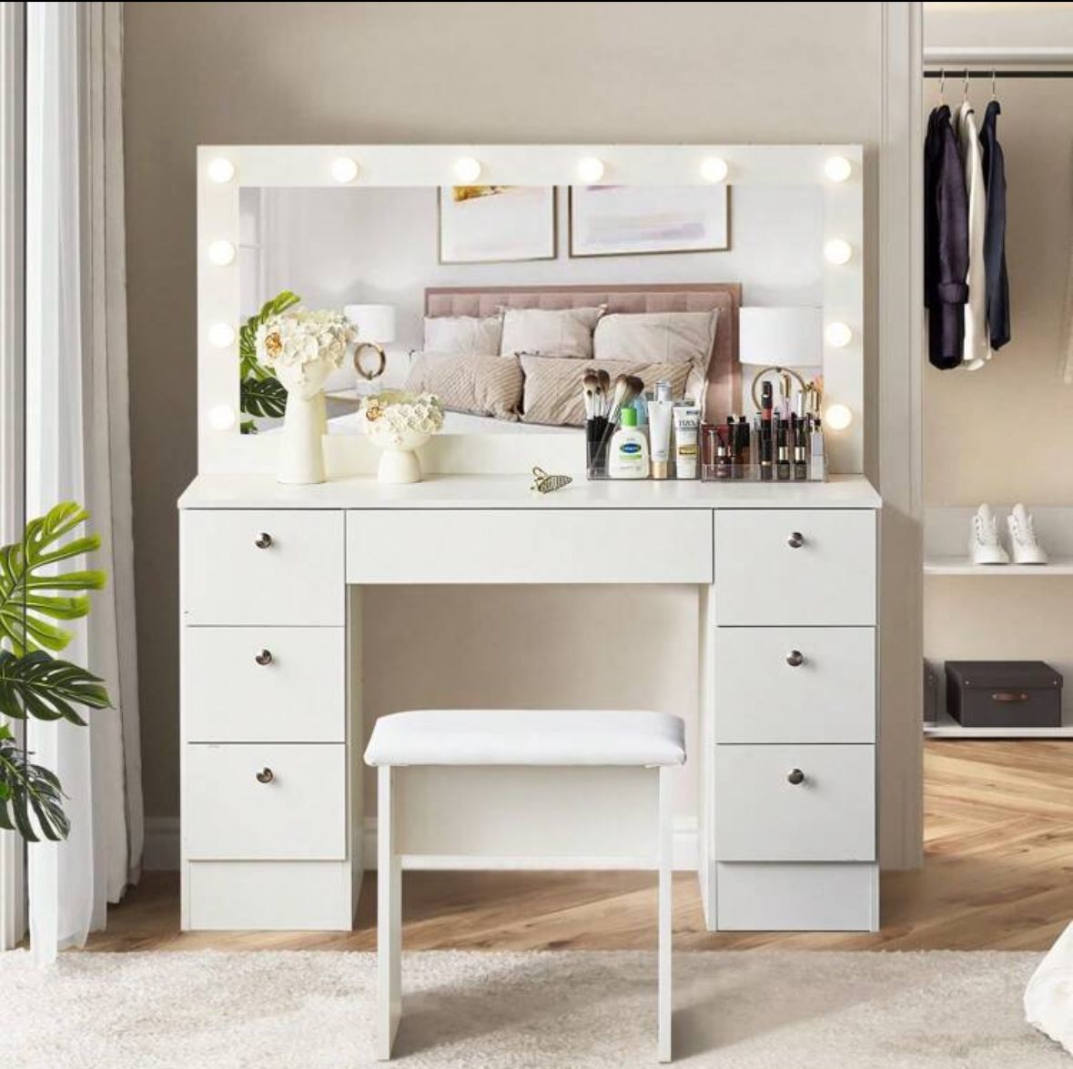 White Dressing Table With Mirror And Cushioned Stool, 7 Drawers Vanity Table