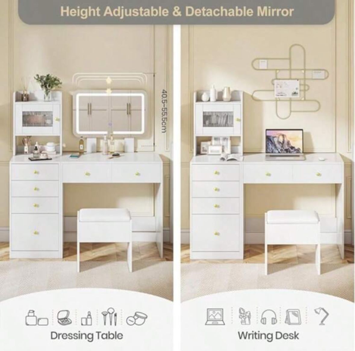 White Dressing Table With Mirror And Stool, Vanity Desk With Height Adjustable Lighted Mirror, Makeup Table With 6 Drawers