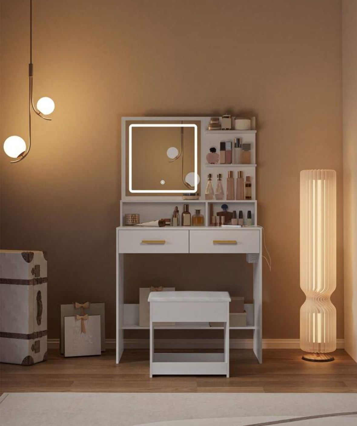 Dressing Table With Adjustable LED Lights, Rechargeable AC Socket And USB Port, Vanity Makeup With Dressing Stool