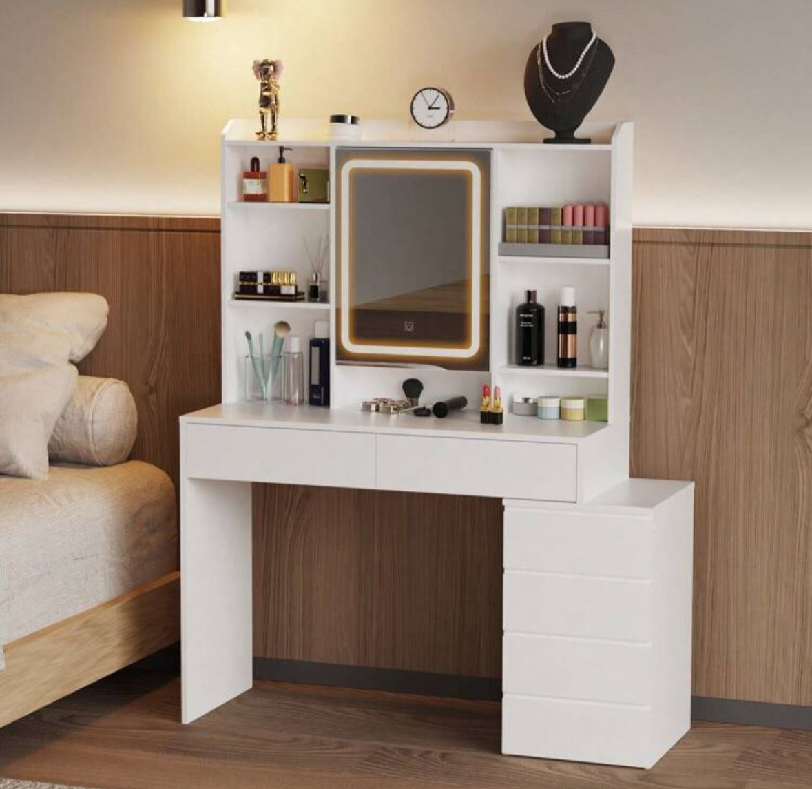 Large Vanity Desk Dressing Table With LED Lights, 3 Light Colours, Adjustable Brightness, Vanity Desk With Mirror