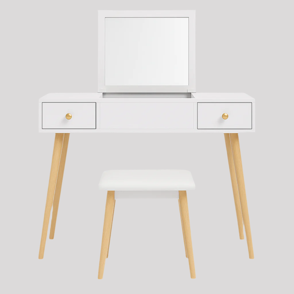 Dressing Table With Flip Up Mirror And Stool, Vanity Makeup Table Set With 2 Drawers And 5 Storage Compartments For Bedroom, White