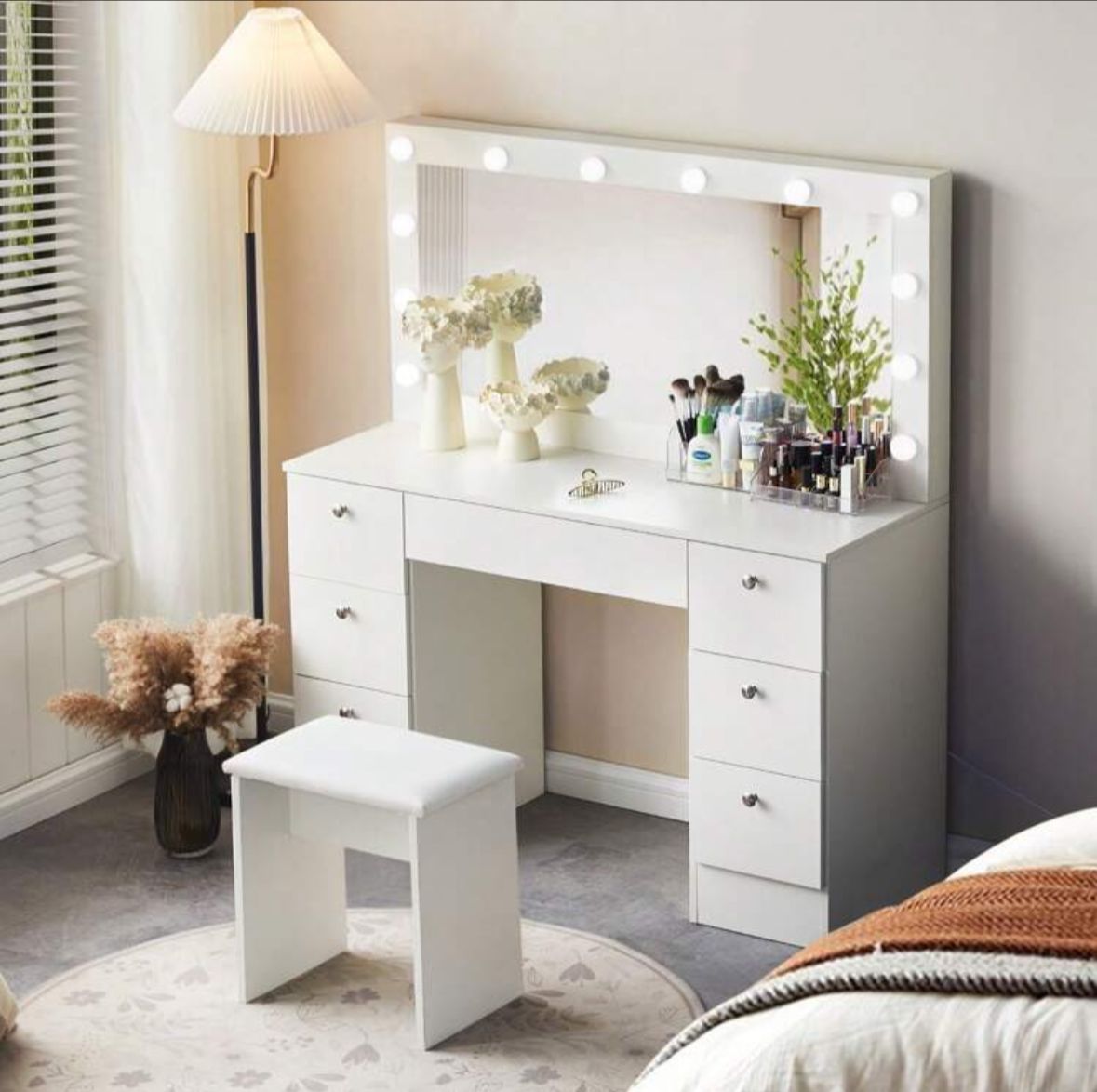 White Dressing Table With Mirror And Cushioned Stool, 7 Drawers Vanity Table