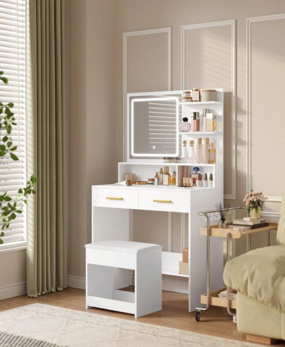 Dressing Table With Adjustable LED Lights, Rechargeable AC Socket And USB Port, Vanity Makeup With Dressing Stool