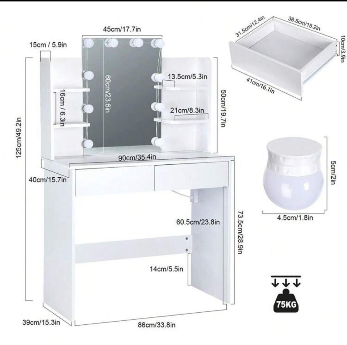 Large Vanity Desk Dressing Table Stool Set With LED Dimmable Mirror