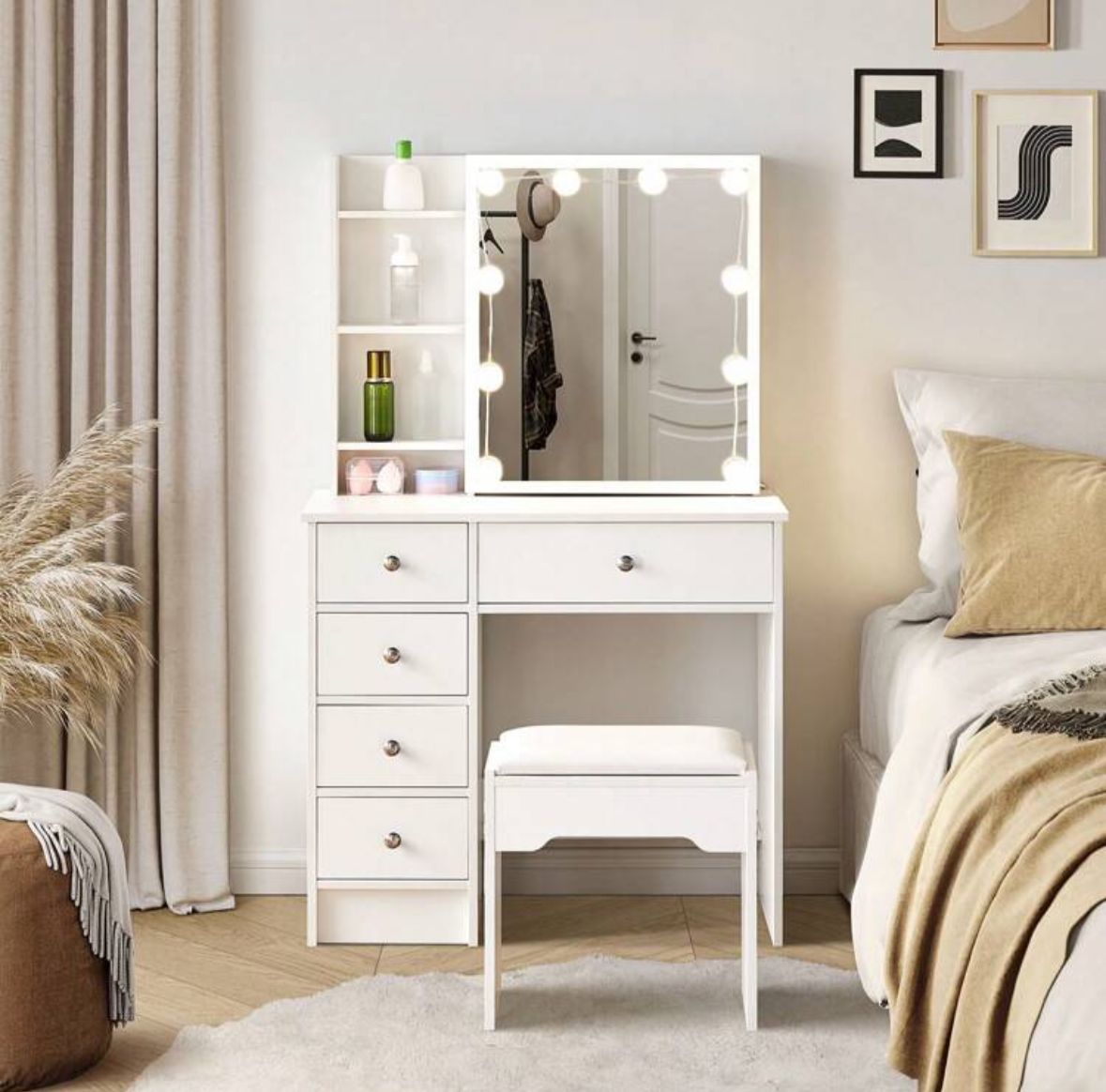 White Vanity Dressing Table Set With 5 Drawers, 1 Slide Mirror, 7 Shelves And Stool Bedroom Furniture