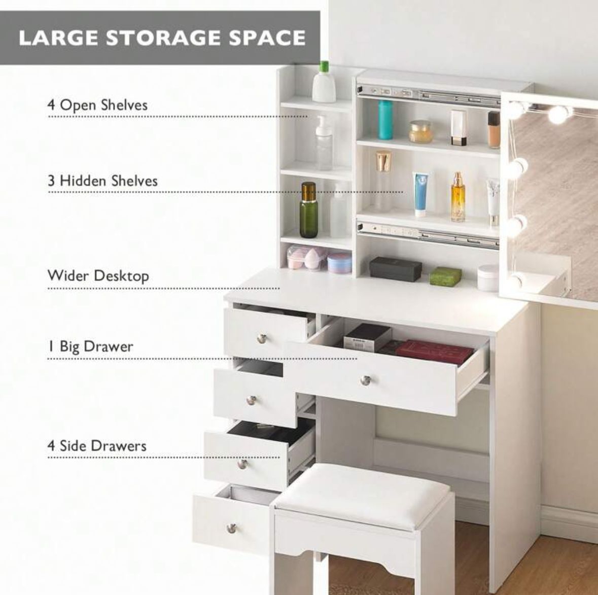 White Vanity Dressing Table Set With 5 Drawers, 1 Slide Mirror, 7 Shelves And Stool Bedroom Furniture