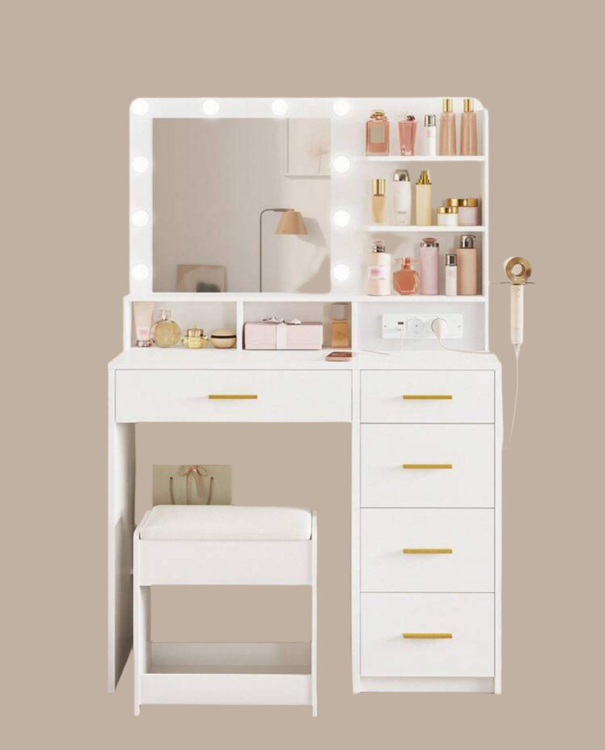 Dressing Table With 3-Colour LED Adjustable Brightness, Vanity Table With Plug And Large Mirror, Stool And Hairdryer Holder