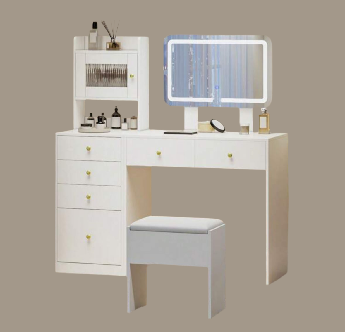 White Dressing Table With Mirror And Stool, Vanity Desk With Height Adjustable Lighted Mirror, Makeup Table With 6 Drawers
