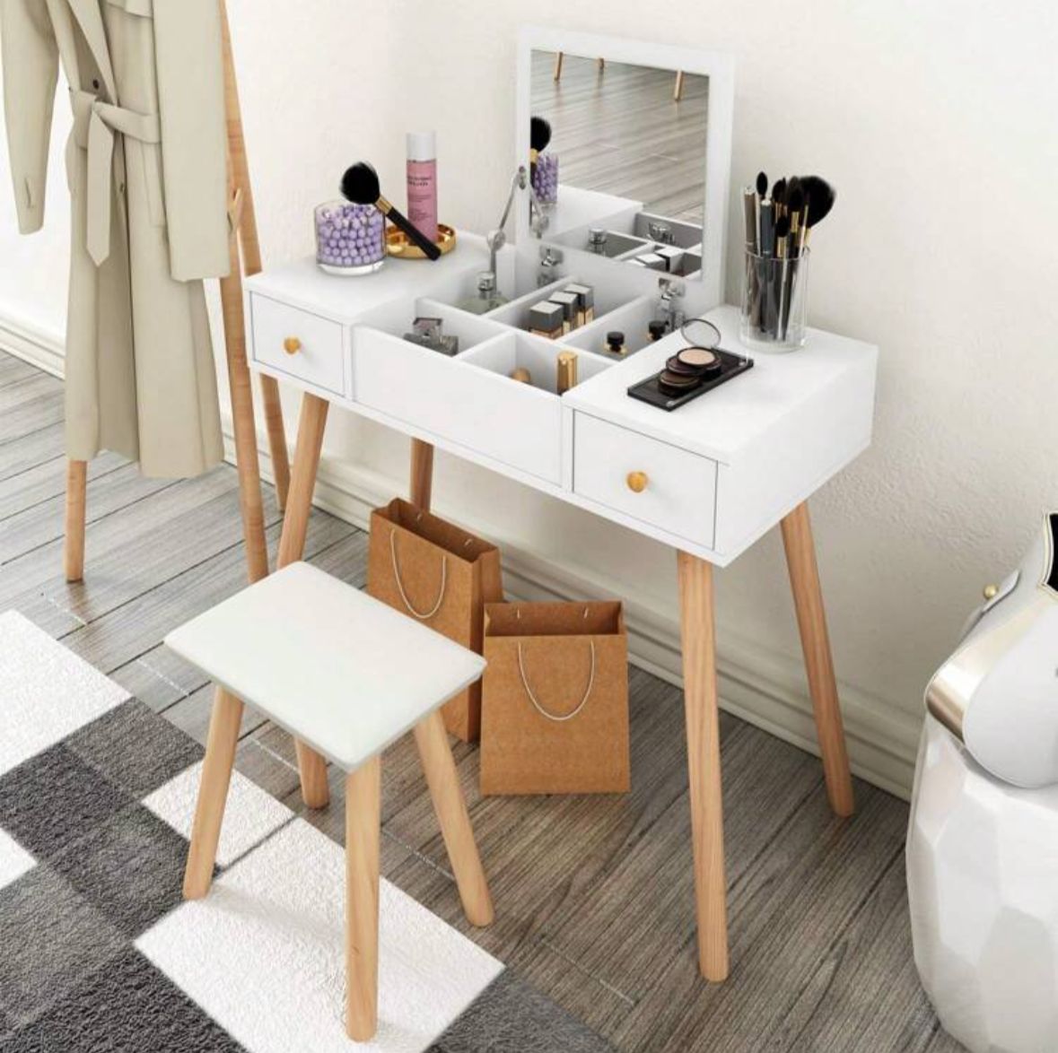 Dressing Table With Flip Up Mirror And Stool, Vanity Makeup Table Set With 2 Drawers And 5 Storage Compartments For Bedroom, White