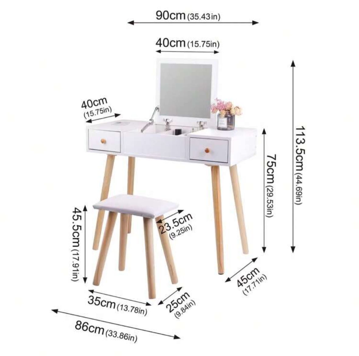 Dressing Table With Flip Up Mirror And Stool, Vanity Makeup Table Set With 2 Drawers And 5 Storage Compartments For Bedroom, White