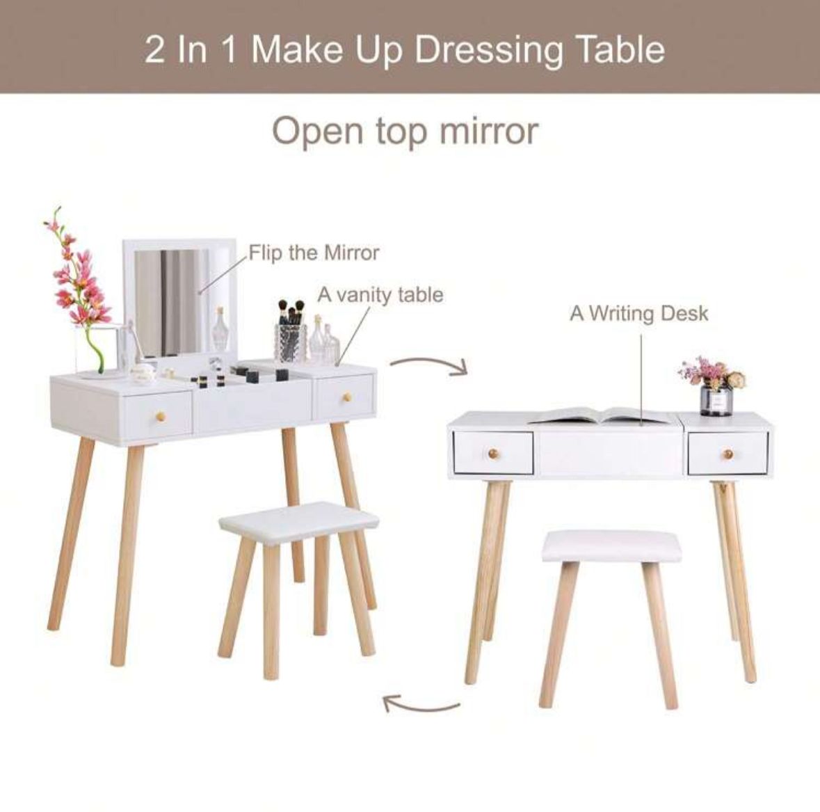 Dressing Table With Flip Up Mirror And Stool, Vanity Makeup Table Set With 2 Drawers And 5 Storage Compartments For Bedroom, White