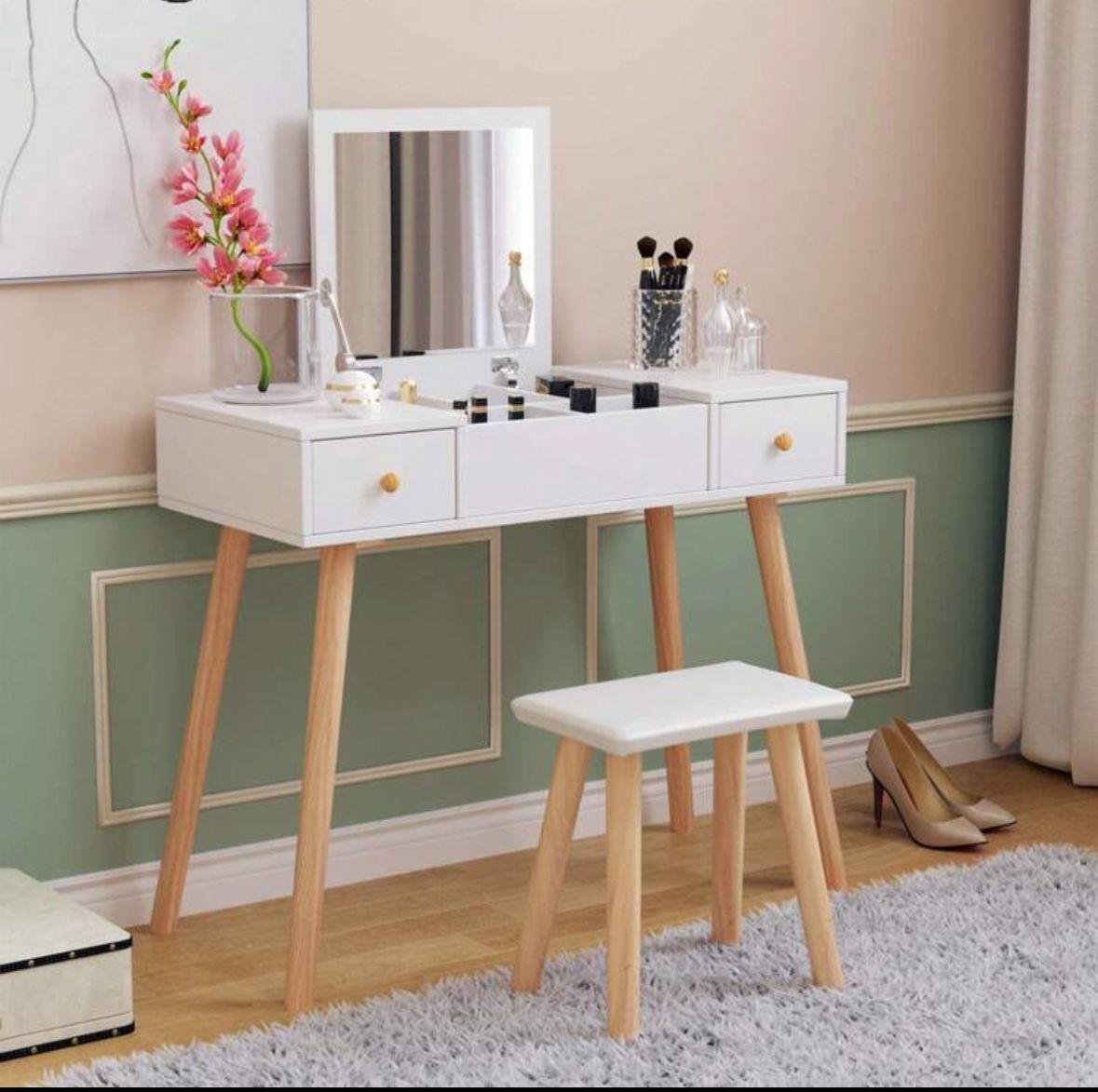 Dressing Table With Flip Up Mirror And Stool, Vanity Makeup Table Set With 2 Drawers And 5 Storage Compartments For Bedroom, White
