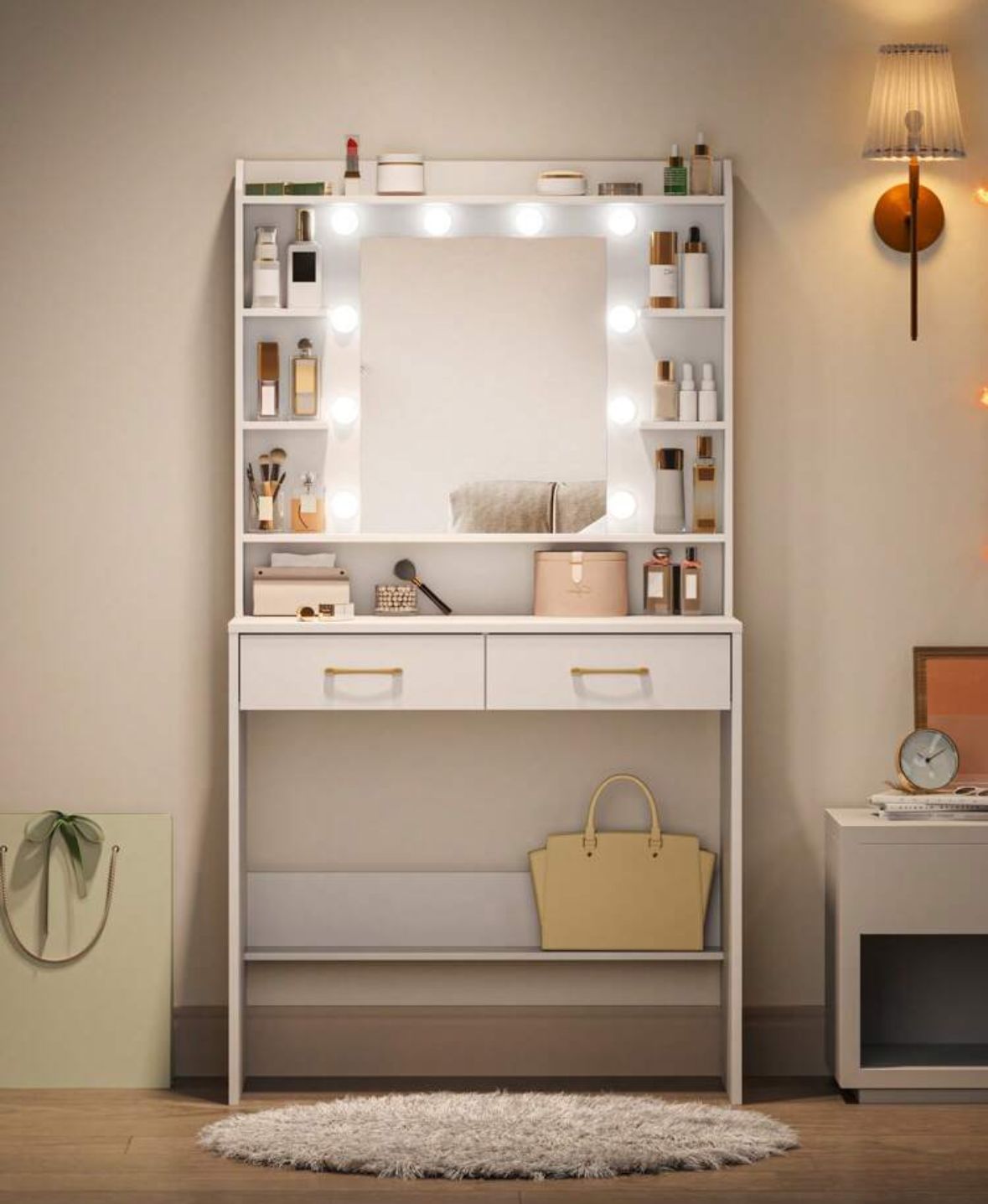 Dressing Table With Mirror, Dressing Table With Shelves And 2 Drawers, For Bedroom, Living Room, Adjustable Brightness