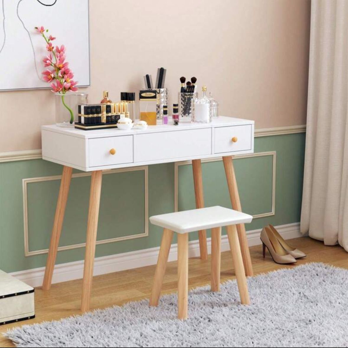 Dressing Table With Flip Up Mirror And Stool, Vanity Makeup Table Set With 2 Drawers And 5 Storage Compartments For Bedroom, White