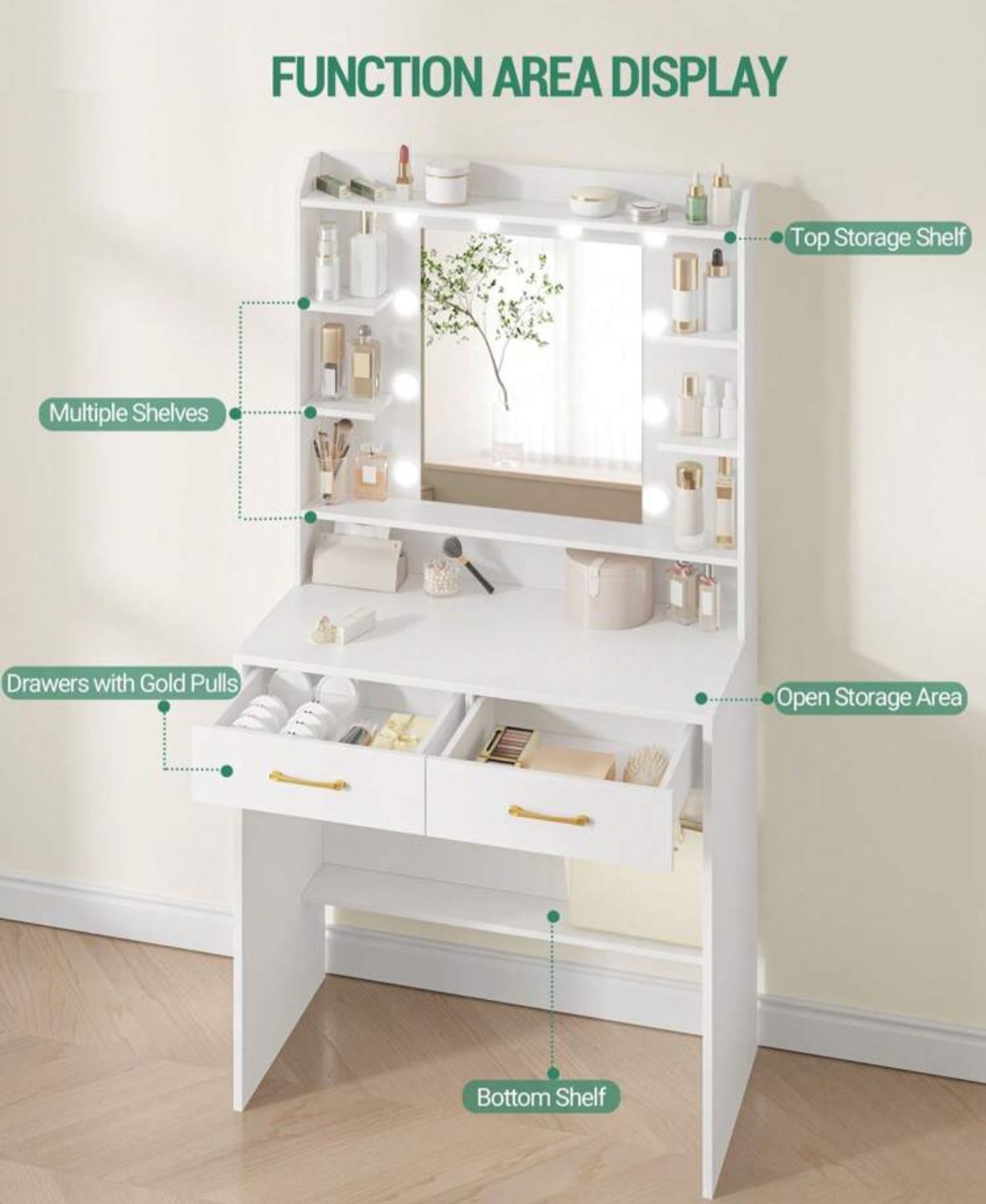 Dressing Table With Mirror, Dressing Table With Shelves And 2 Drawers, For Bedroom, Living Room, Adjustable Brightness