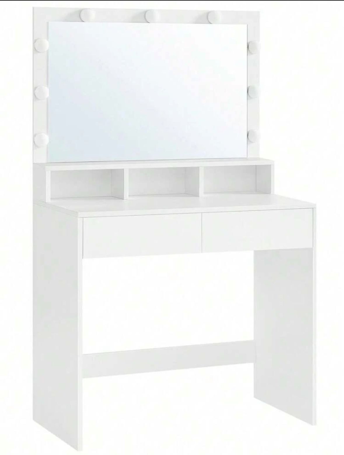 Dressing Table, Vanity Table With Large Mirror, LED Lights With Adjustable Brightness, 2 Drawers And 3 Compartments, Modern Makeup Table, White