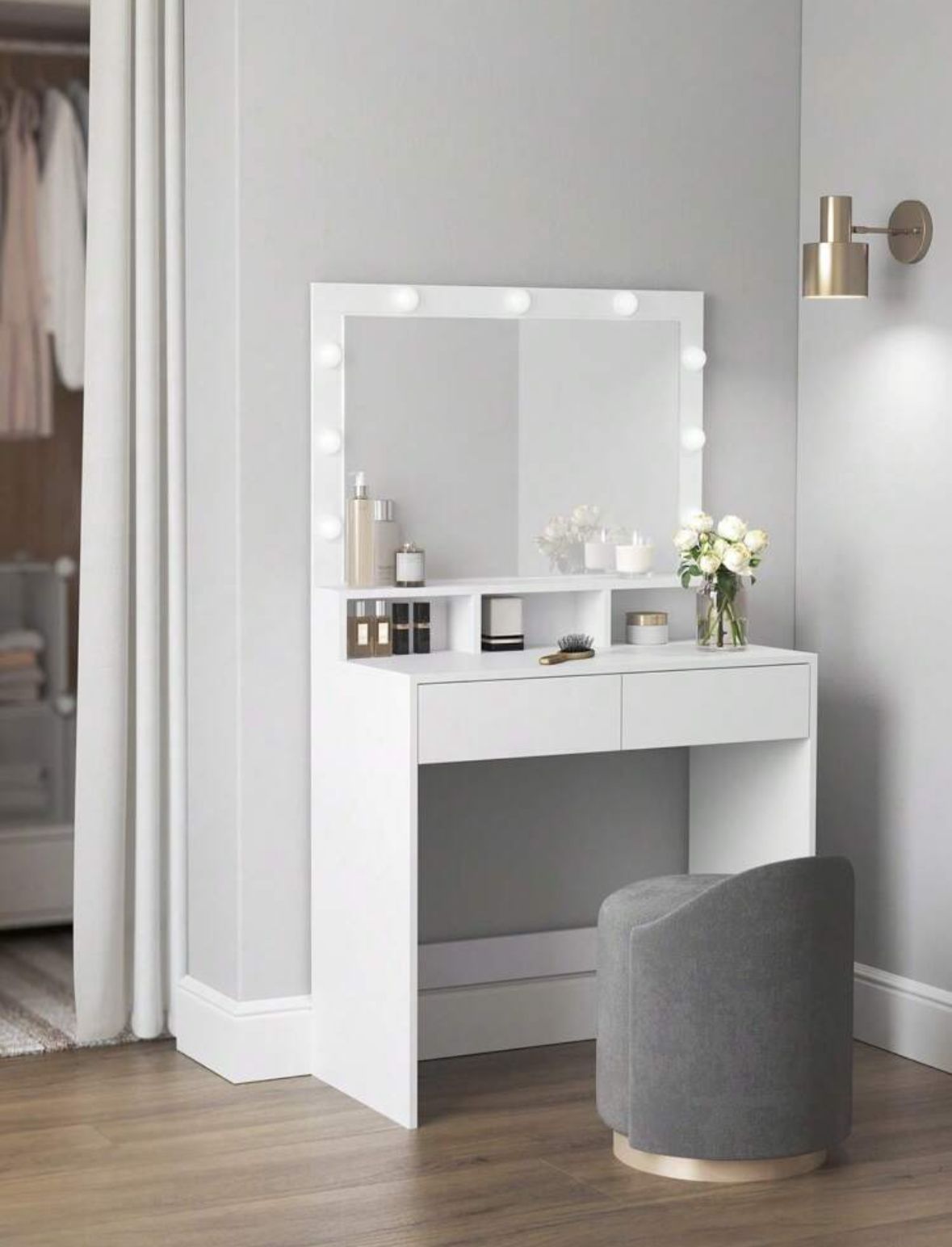 Dressing Table, Vanity Table With Large Mirror, LED Lights With Adjustable Brightness, 2 Drawers And 3 Compartments, Modern Makeup Table, White