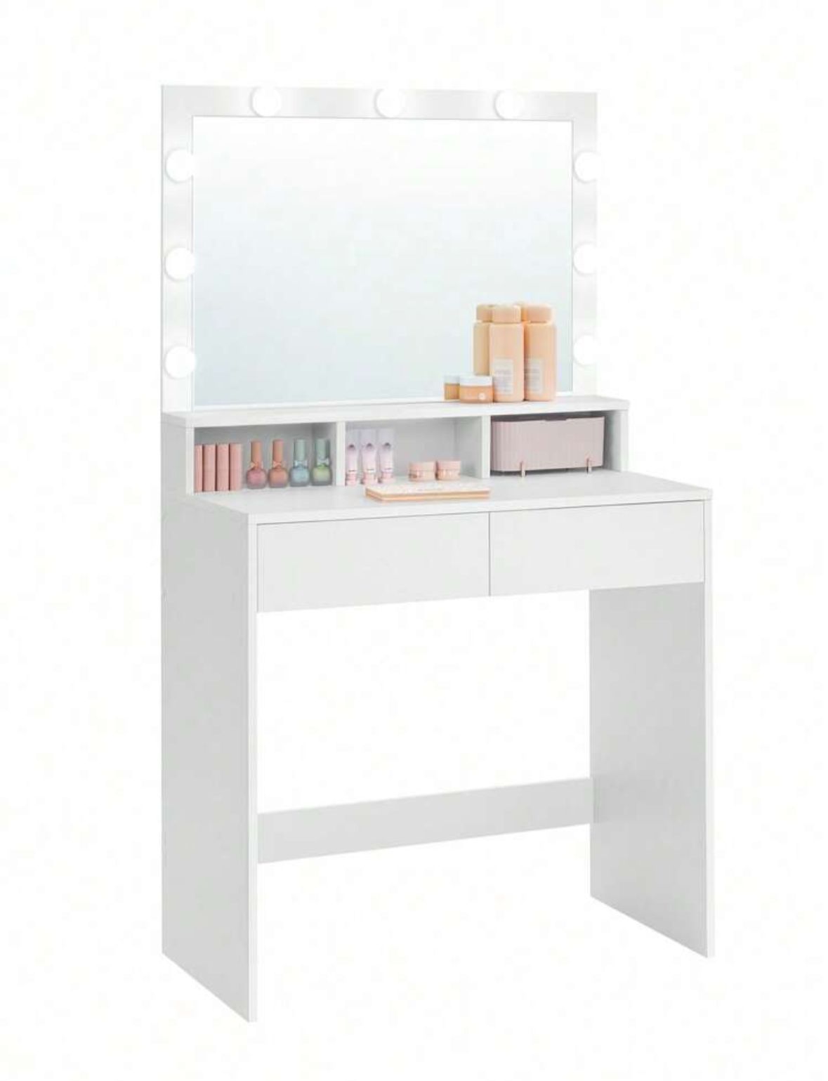 Dressing Table, Vanity Table With Large Mirror, LED Lights With Adjustable Brightness, 2 Drawers And 3 Compartments, Modern Makeup Table, White