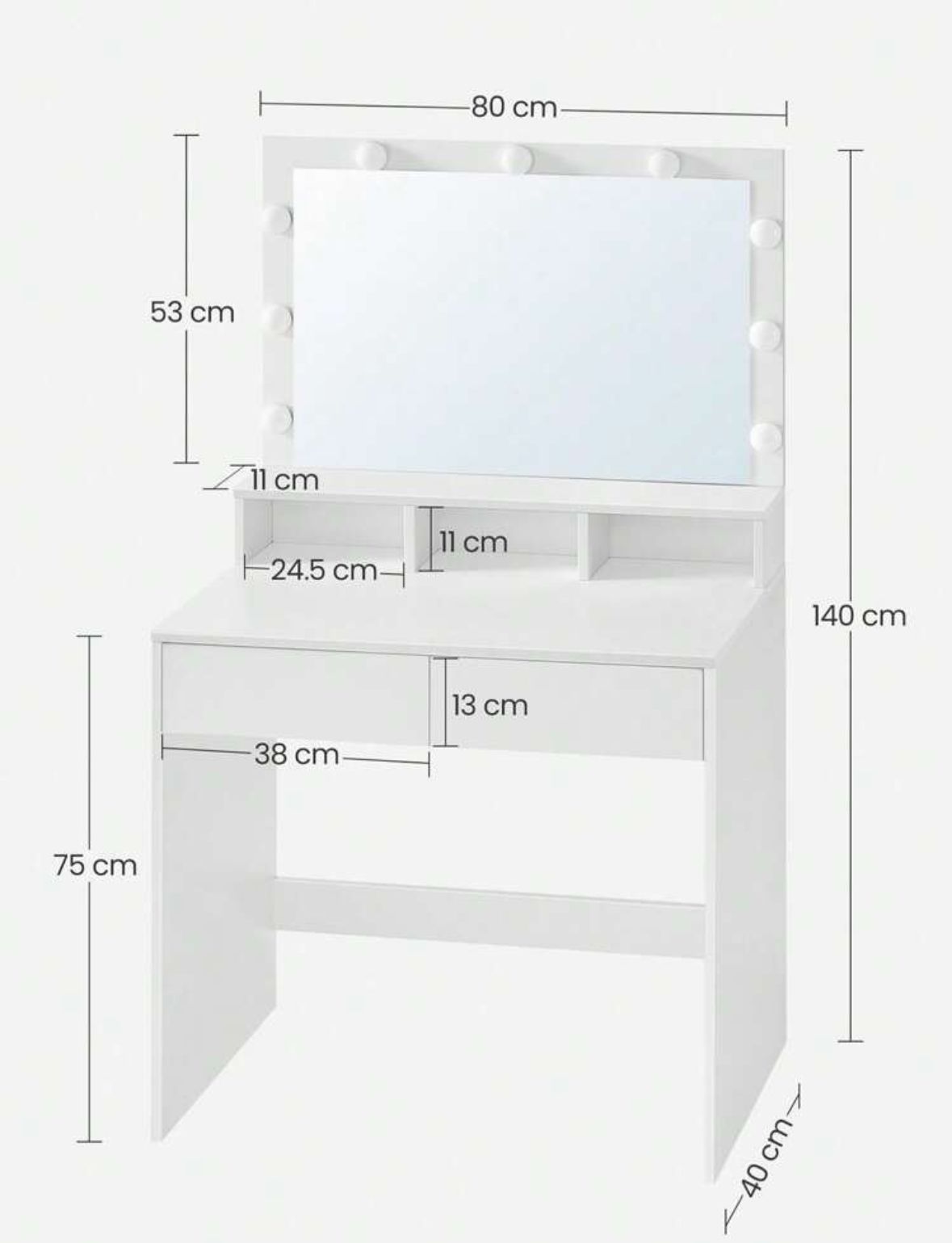 Dressing Table, Vanity Table With Large Mirror, LED Lights With Adjustable Brightness, 2 Drawers And 3 Compartments, Modern Makeup Table, White