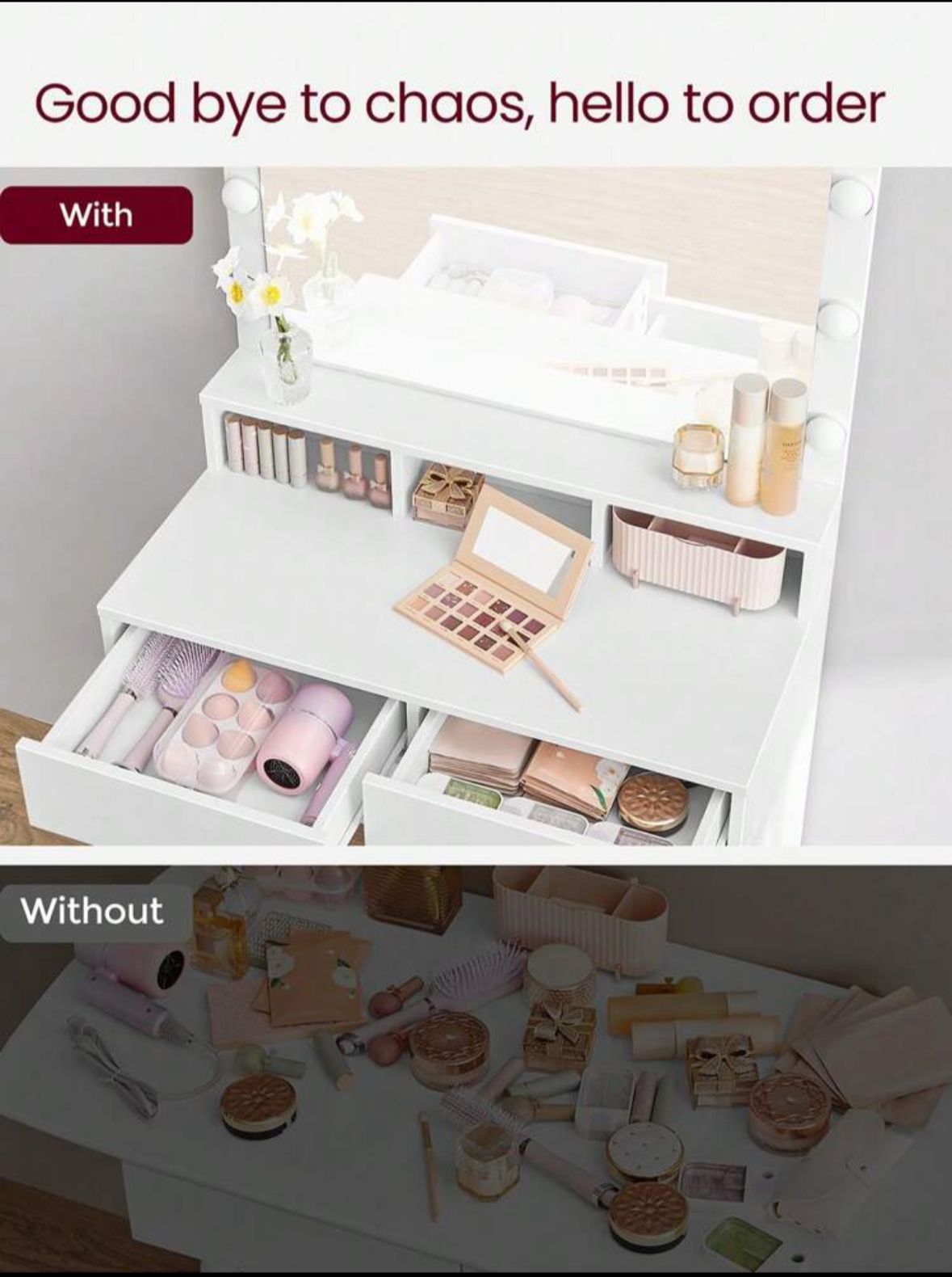 Dressing Table, Vanity Table With Large Mirror, LED Lights With Adjustable Brightness, 2 Drawers And 3 Compartments, Modern Makeup Table, White