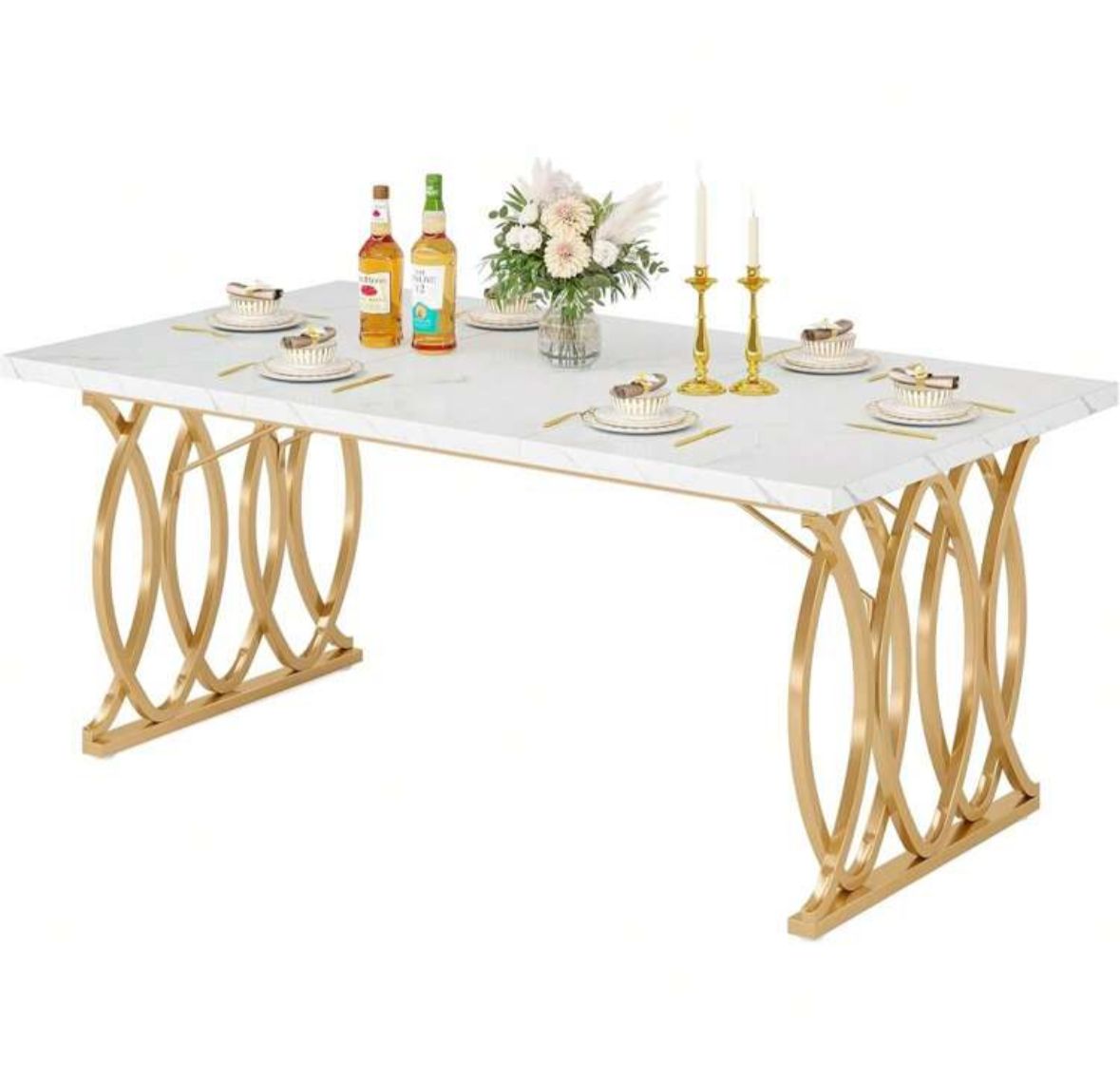 LITTLE TREE LITTLE TREE Modern Dining Table For 4-6 People, 63" Large Rectangular Kitchen Table With Faux Marble Tabletop And Geometric Legs, White & Gold