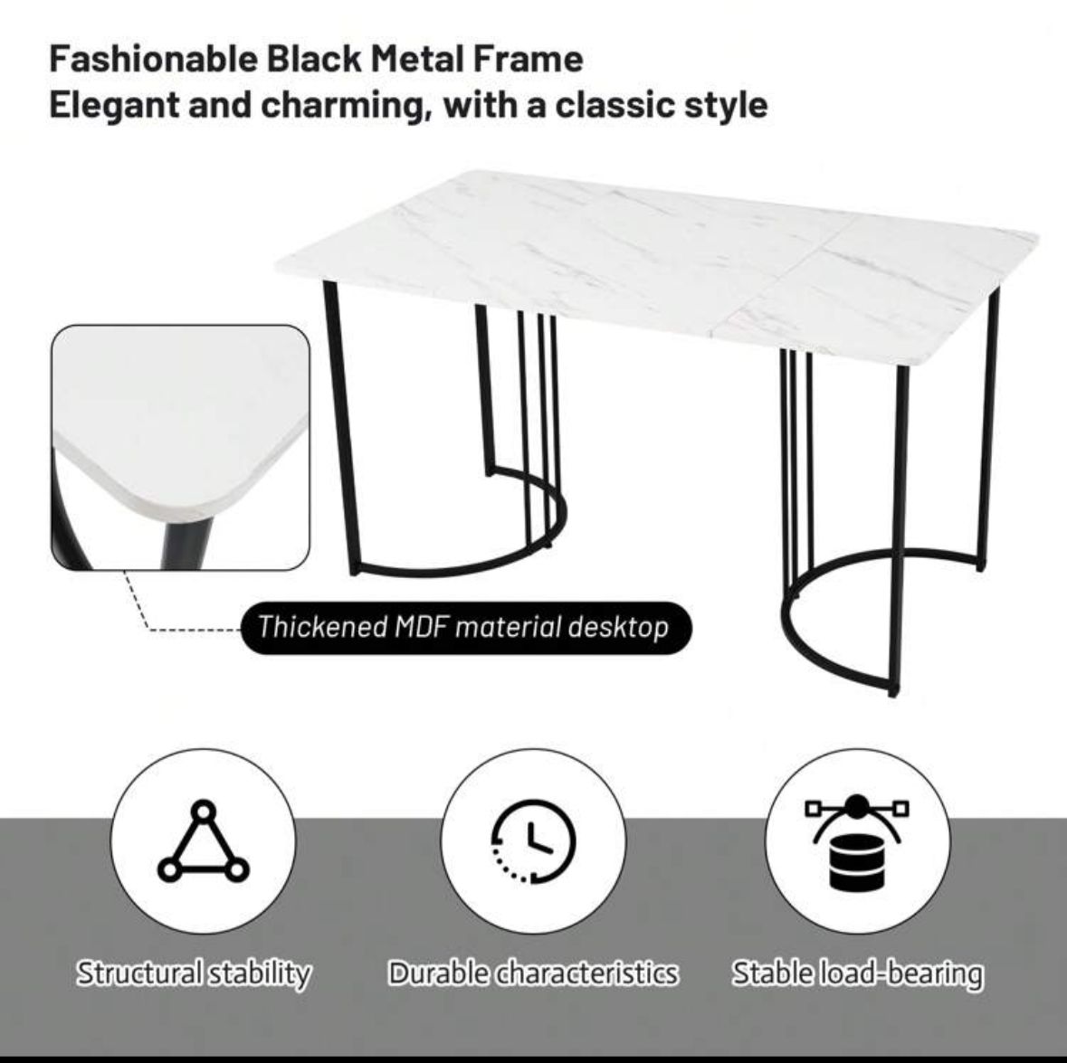 (White And Black )140 X 80cm Dining Table,(1-Pcs), Modern Kitchen Table, Metal Frame Rectangular Dining Table In Modern Marble Pattern Kitchen Table With Adjustable Feet For Dining Room Living Room( Excluding Chairs)