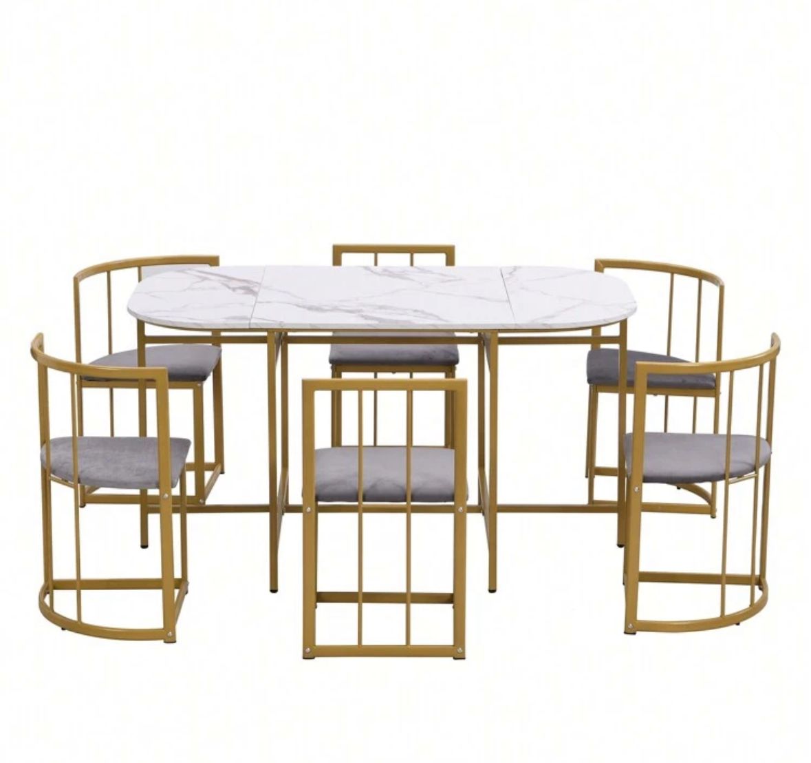 Dining Table And Chairs Set 6, Dining Room Sets, Iron Frame Dining Table With 6 Chairs & Grey Cushion, MDF White Marble Tabletop