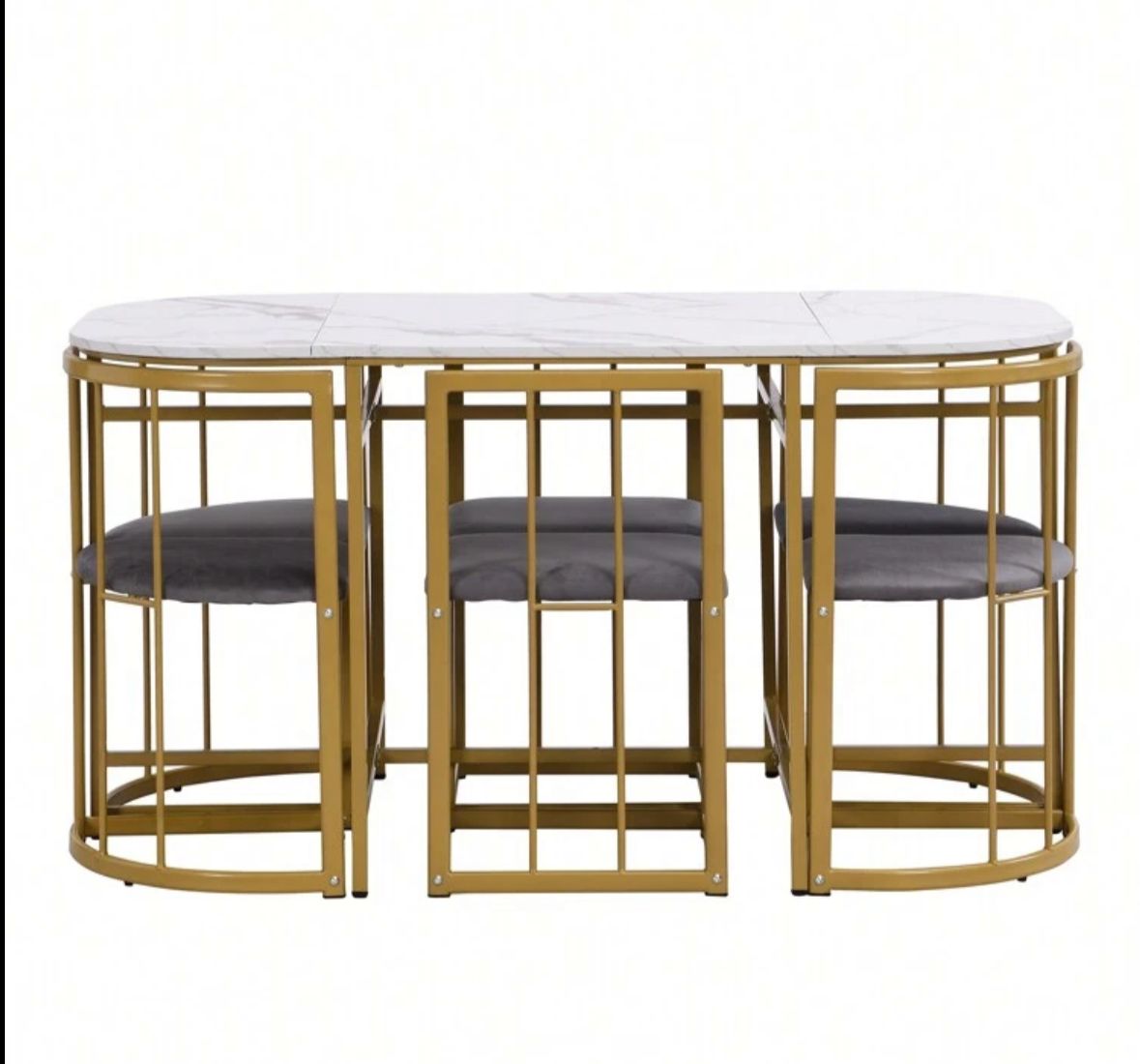 Dining Table And Chairs Set 6, Dining Room Sets, Iron Frame Dining Table With 6 Chairs & Grey Cushion, MDF White Marble Tabletop