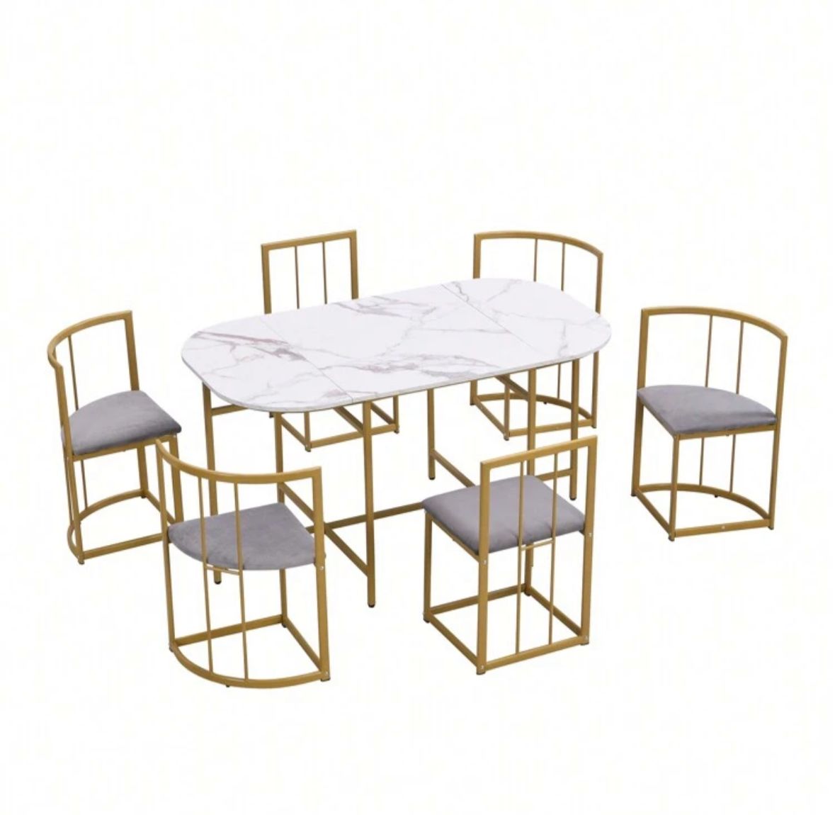 Dining Table And Chairs Set 6, Dining Room Sets, Iron Frame Dining Table With 6 Chairs & Grey Cushion, MDF White Marble Tabletop