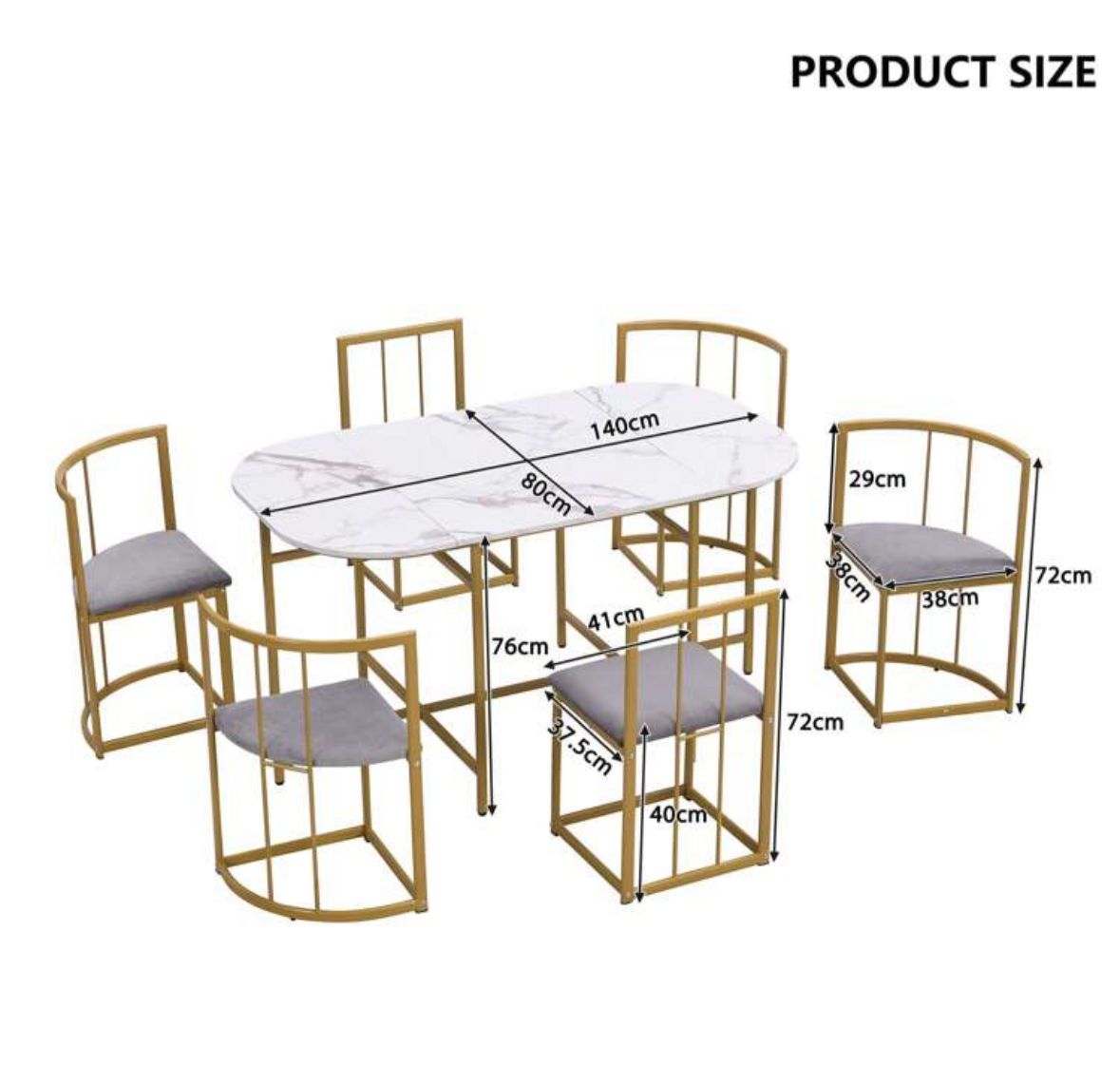 Dining Table And Chairs Set 6, Dining Room Sets, Iron Frame Dining Table With 6 Chairs & Grey Cushion, MDF White Marble Tabletop