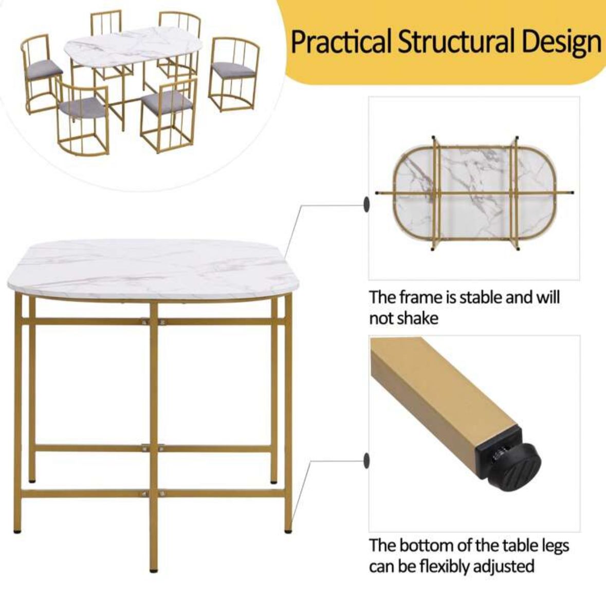 Dining Table And Chairs Set 6, Dining Room Sets, Iron Frame Dining Table With 6 Chairs & Grey Cushion, MDF White Marble Tabletop