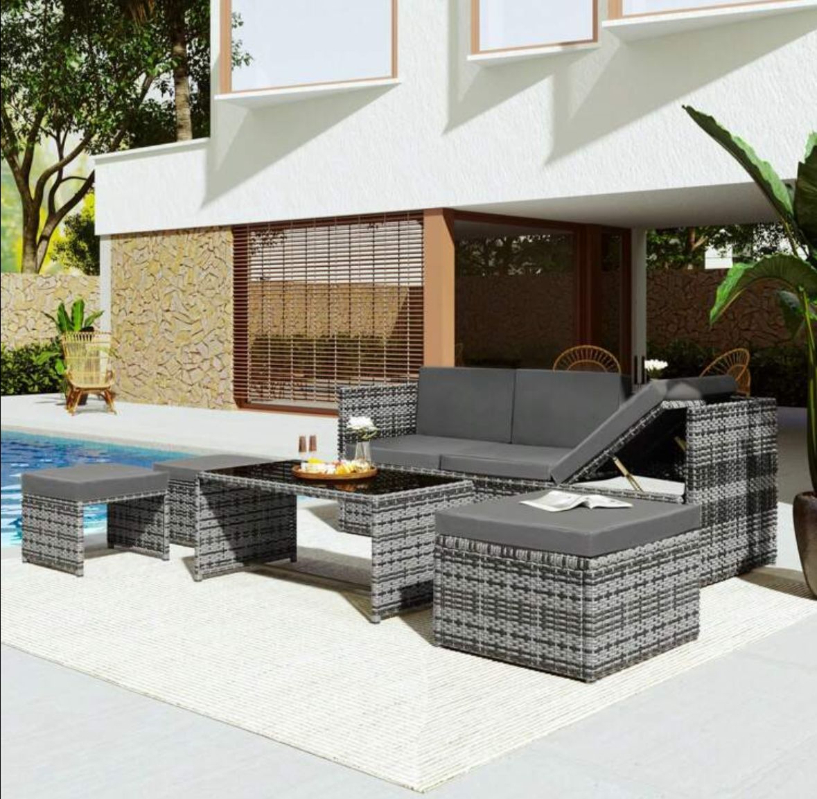 Lounge Set, Garden Furniture Set, Ratten Sofa, Seating Group, Patio Furniture, Grey