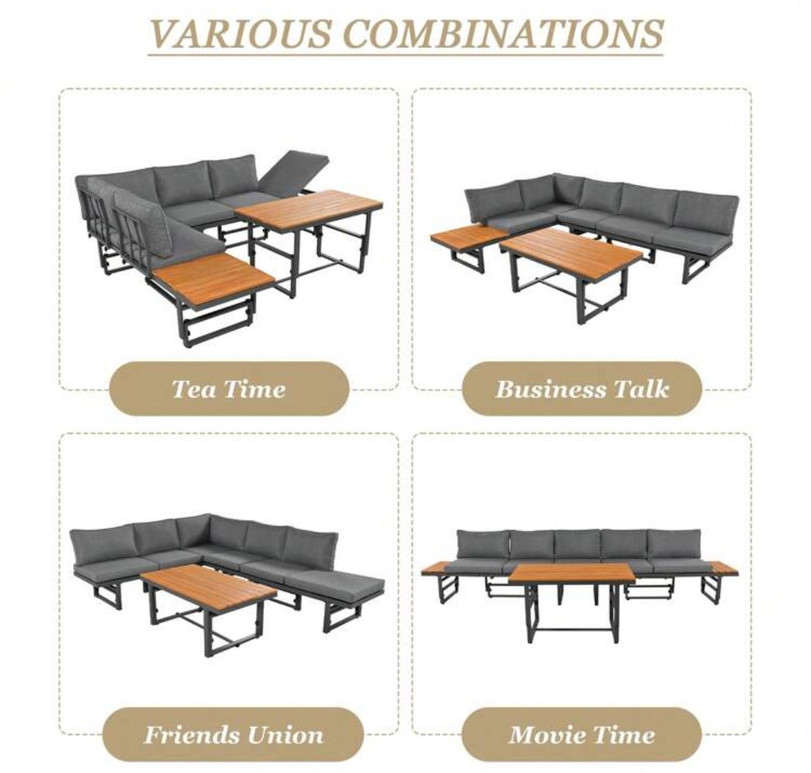Outdoor Garden Furniture Set With 2 Sofas And Table With Galvanised Iron Frame, Adjustable Backrests, Adjustable Table, Acacia Wood, Including All Seat Cushions And Pillows, Grey