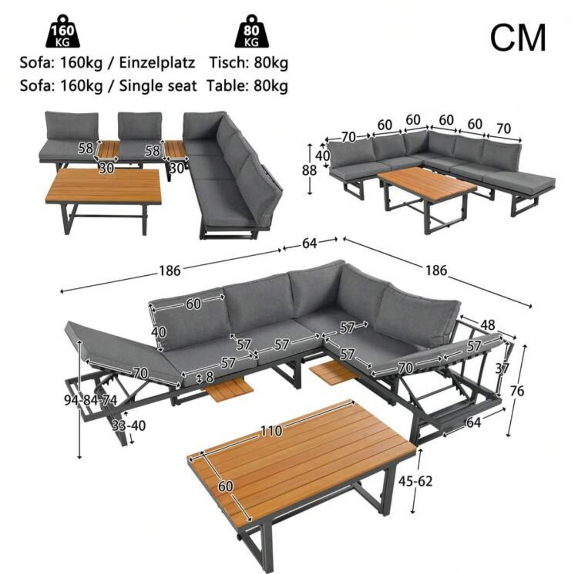 Outdoor Garden Furniture Set With 2 Sofas And Table With Galvanised Iron Frame, Adjustable Backrests, Adjustable Table, Acacia Wood, Including All Seat Cushions And Pillows, Grey