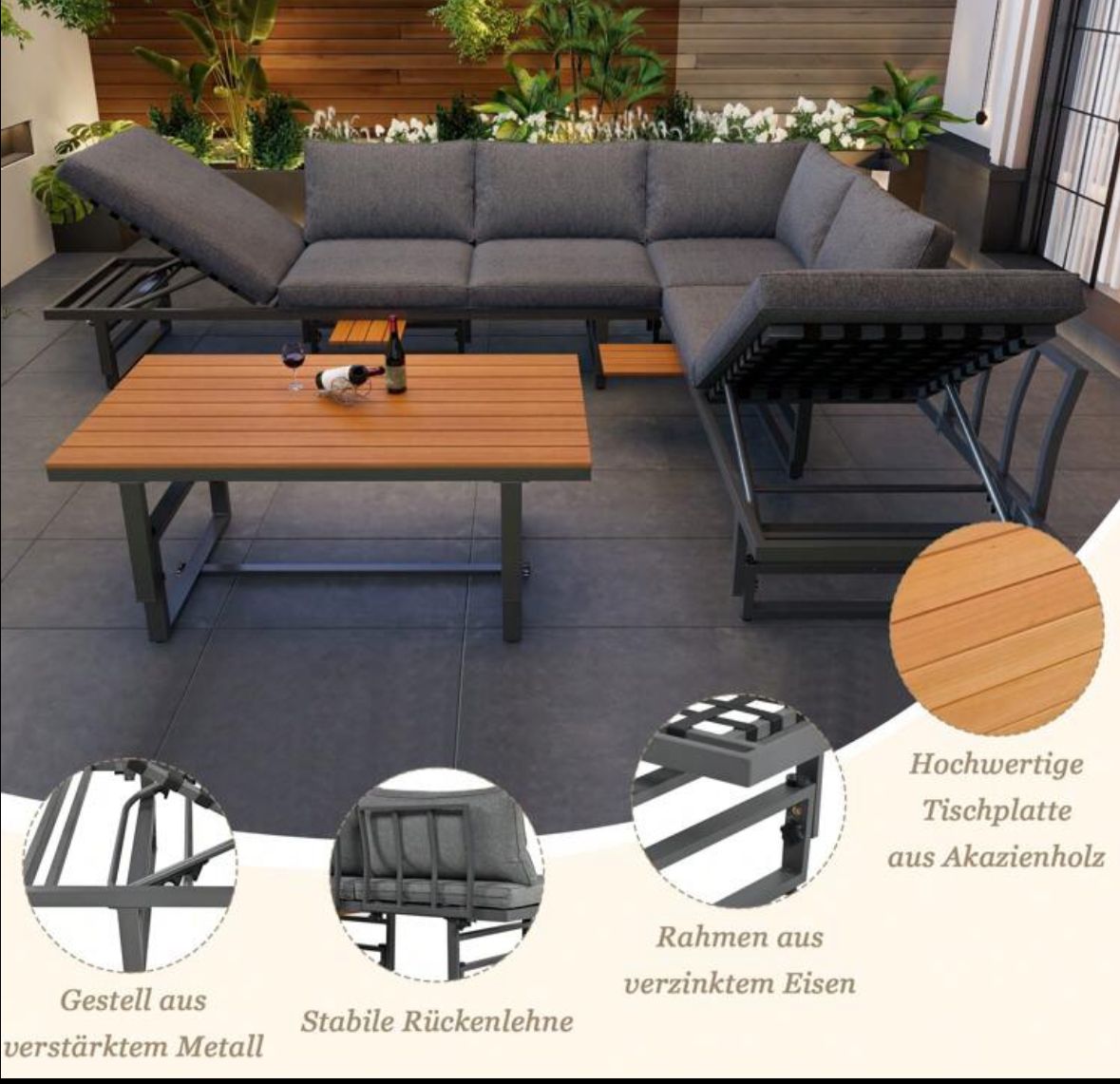 Outdoor Garden Furniture Set With 2 Sofas And Table With Galvanised Iron Frame, Adjustable Backrests, Adjustable Table, Acacia Wood, Including All Seat Cushions And Pillows, Grey