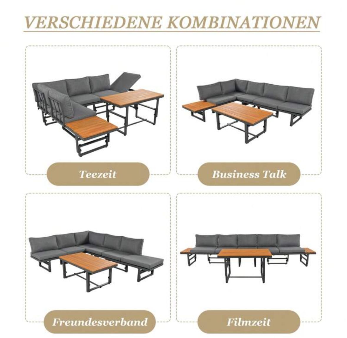 Outdoor Garden Furniture Set With 2 Sofas And Table With Galvanised Iron Frame, Adjustable Backrests, Adjustable Table, Acacia Wood, Including All Seat Cushions And Pillows, Grey