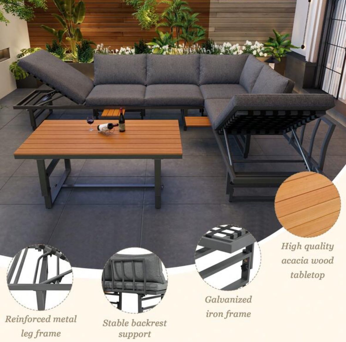Outdoor Garden Furniture Set With 2 Sofas And Table With Galvanised Iron Frame, Adjustable Backrests, Adjustable Table, Acacia Wood, Including All Seat Cushions And Pillows, Grey