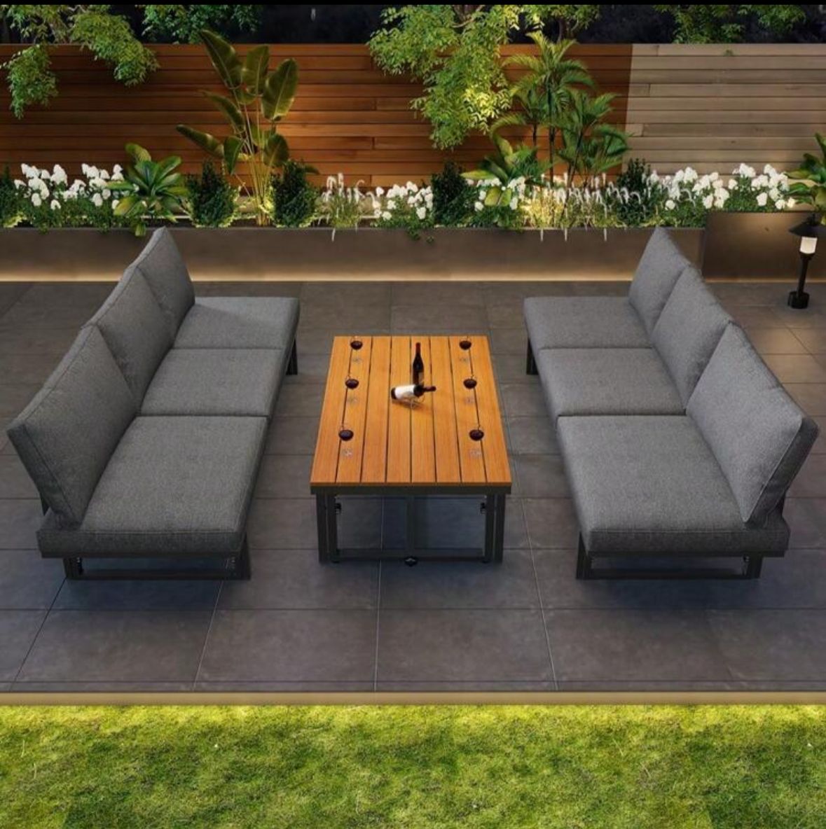 Outdoor Garden Furniture Set With 2 Sofas And Table With Galvanised Iron Frame, Adjustable Backrests, Adjustable Table, Acacia Wood, Including All Seat Cushions And Pillows, Grey