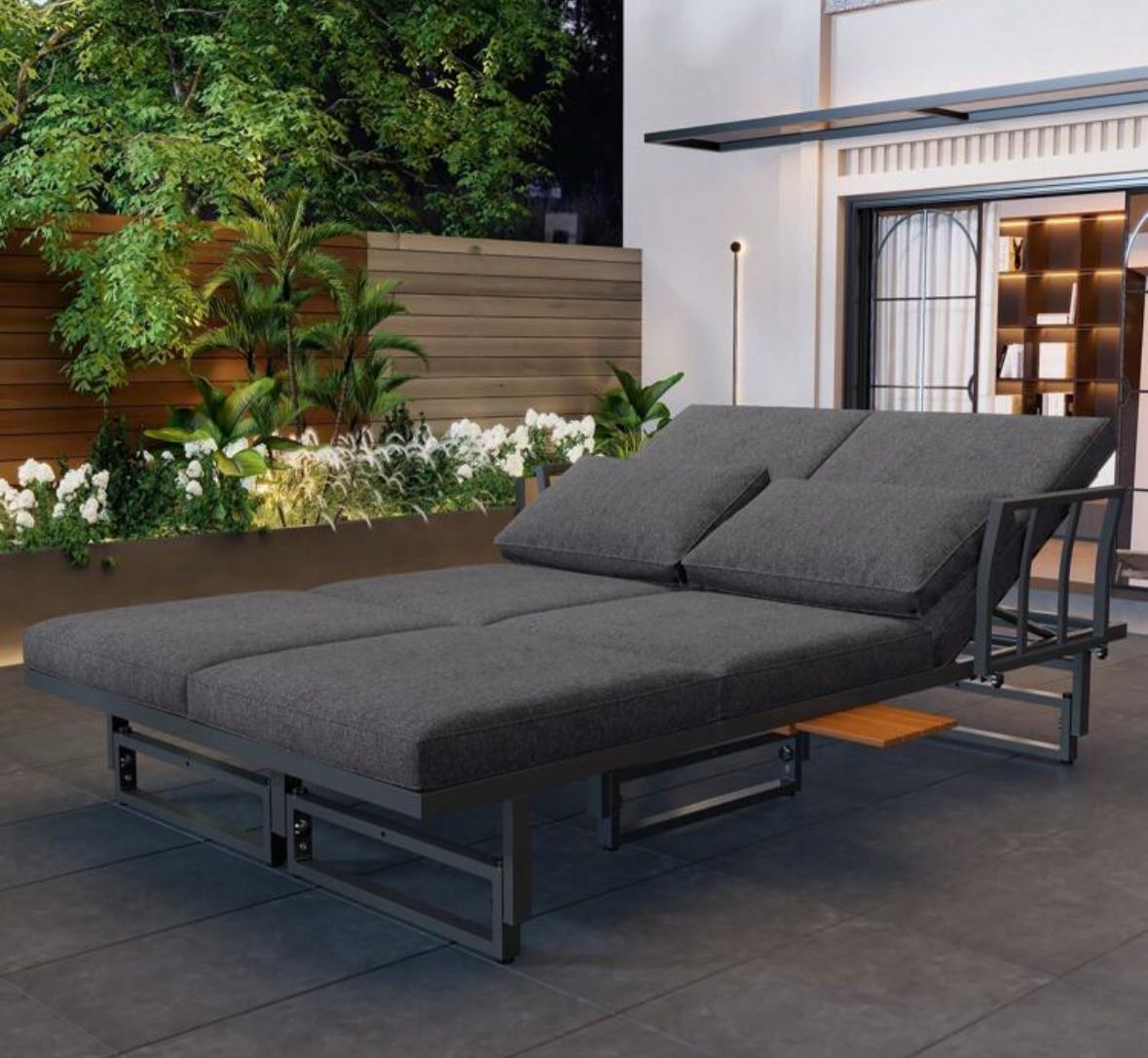 Outdoor Garden Furniture Set With 2 Sofas And Table With Galvanised Iron Frame, Adjustable Backrests, Adjustable Table, Acacia Wood, Including All Seat Cushions And Pillows, Grey