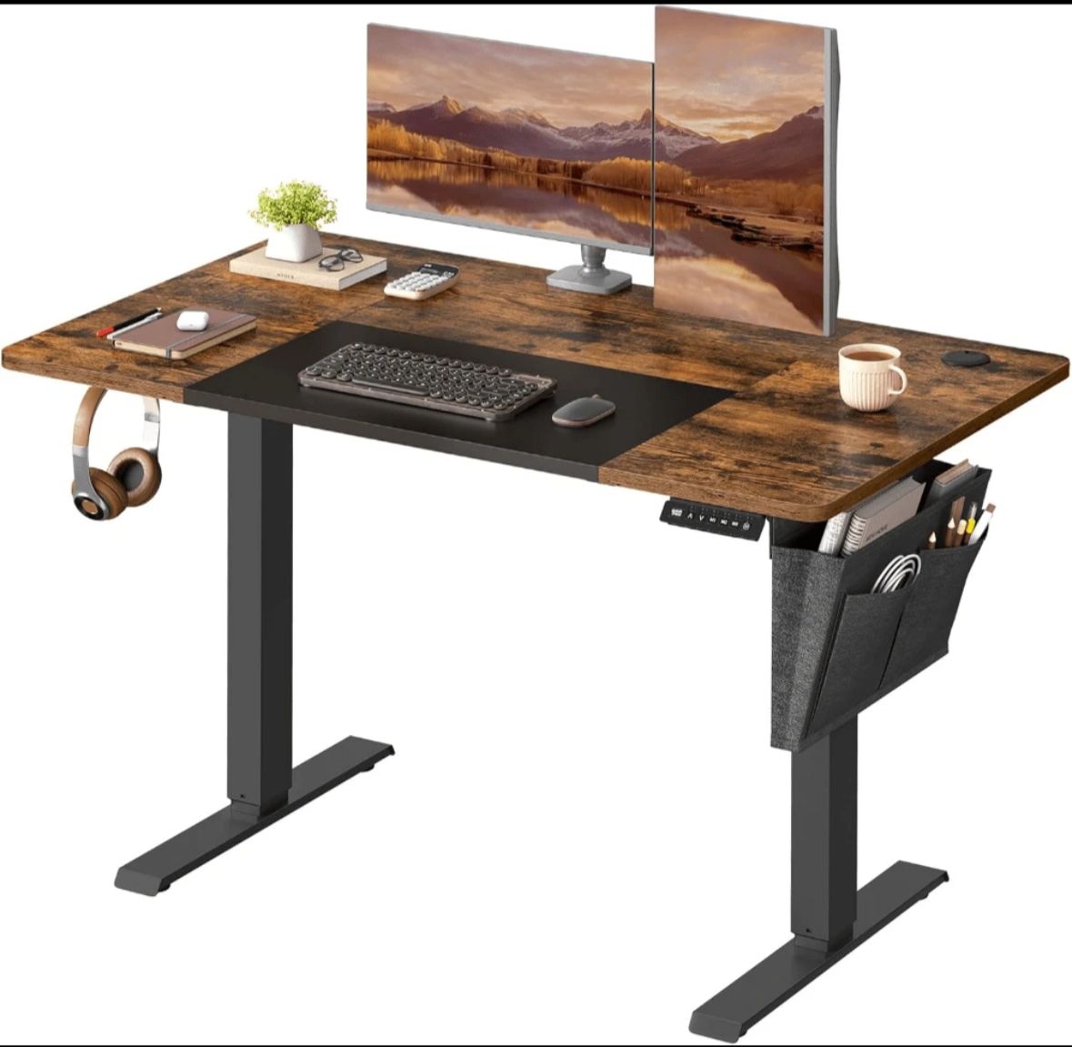 Standing Desk, Height Adjustable Desk, 70 X 160 X (72-120) Cm, 4 Memory Heights, Storage Pocket, For Home Office, Study, Rustic Brown And Ink Black LSD136K02