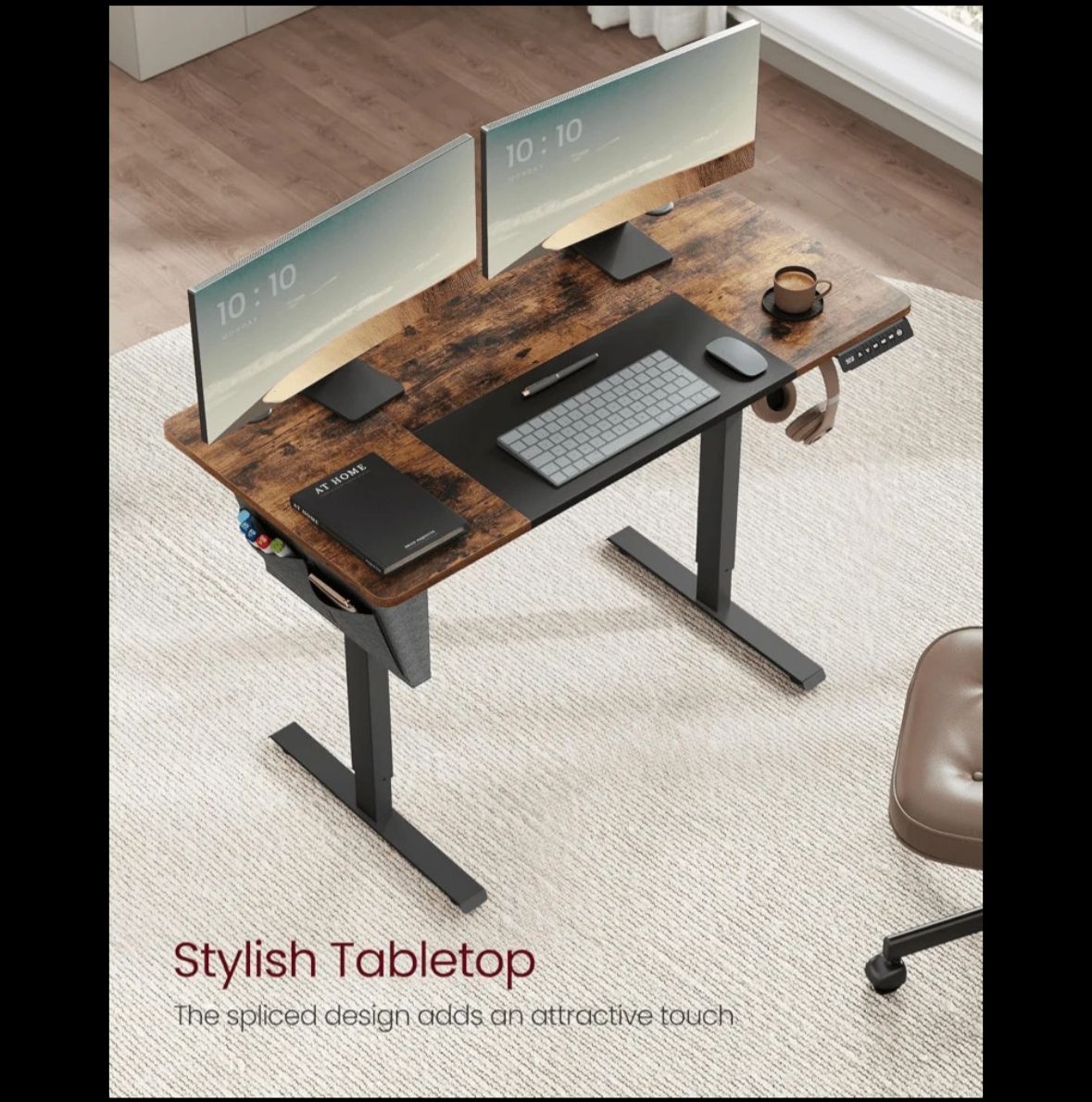 Standing Desk, Height Adjustable Desk, 70 X 160 X (72-120) Cm, 4 Memory Heights, Storage Pocket, For Home Office, Study, Rustic Brown And Ink Black LSD136K02