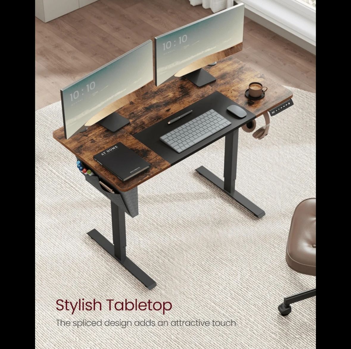 Standing Desk, Height Adjustable Desk, 70 X 160 X (72-120) Cm, 4 Memory Heights, Storage Pocket, For Home Office, Study, Rustic Brown And Ink Black LSD136K02