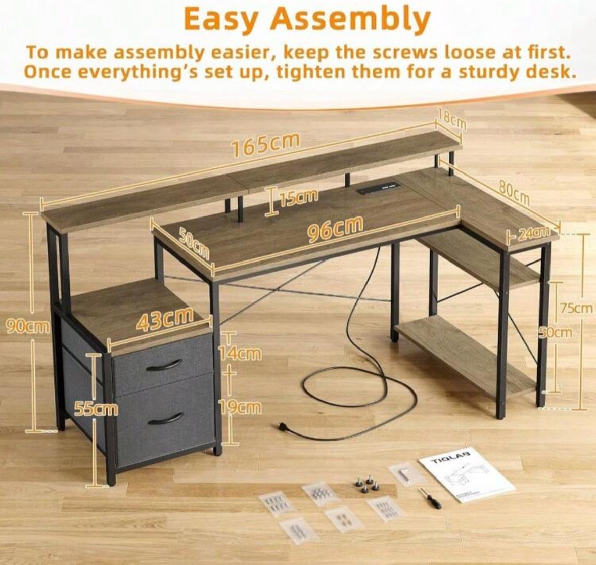 L Shaped Desk With LED Power Outlets 165x80cm Computer Desk With 2 Drawers Gaming Desk With Reversible Storage Shees Corner Desk Large Monitor Stand Table For Home Office Grey